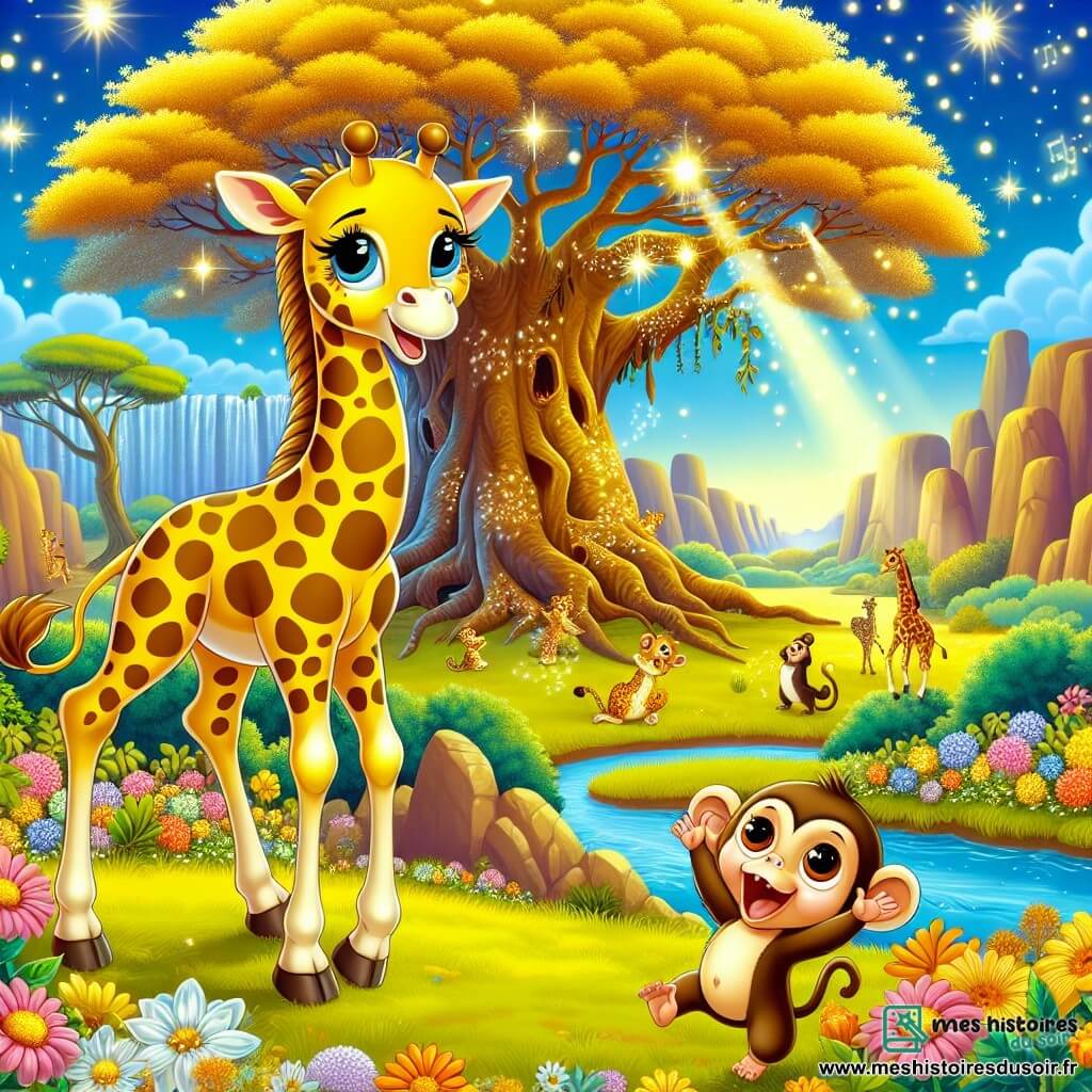 Une girafe nommée Gigi, au pelage jaune et aux taches brunes, se tient au centre de la scène, chantant pour éveiller la magie d'un arbre majestueux. À ses côtés, un petit singe nommé Samy, avec un pelage brun, saute de joie sur une branche en battant des mains. En arrière-plan, un arbre ancien aux feuilles dorées et un ruisseau aux eaux cristallines créent une ambiance enchantée. La scène évoque le bonheur et la camaraderie, alors que les animaux de la savane se rassemblent pour célébrer l'amitié et la magie de la nature.