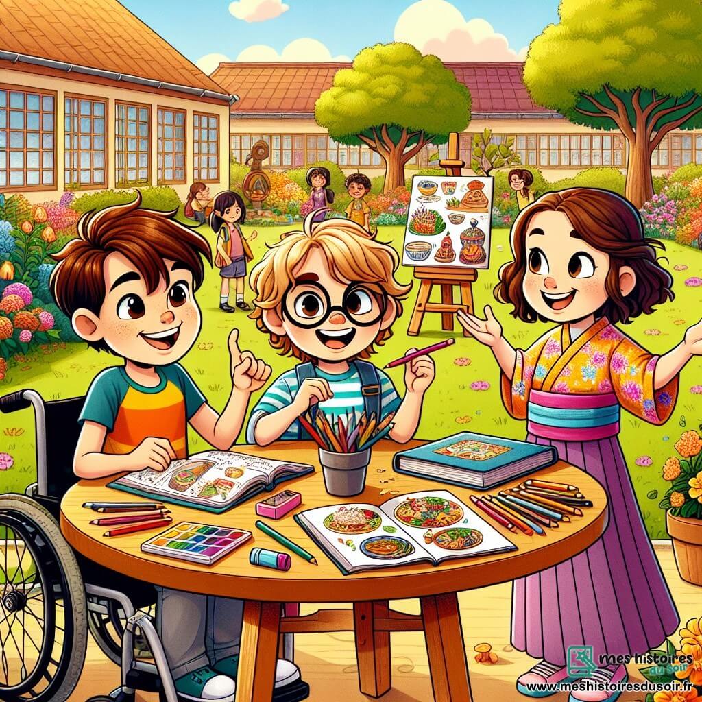 Dans un jardin d'école ensoleillé, trois enfants travaillent ensemble autour d'une grande table en bois. Maxime, un garçon de 10 ans avec des lunettes, est en fauteuil roulant et prend des notes sur les festivals français. Camille, une fille de 9 ans aux cheveux bouclés, dessine des plats italiens sur une grande feuille de papier. Hugo, un garçon de 10 ans en kimono japonais, parle des traditions japonaises tout en tenant un livre illustré. Le jardin est fleuri et verdoyant, et au fond se trouve l'école aux murs jaunes. Les enfants collaborent joyeusement sur leur projet d'exposition culturelle, illustrant l'esprit d'équipe et l'amitié.