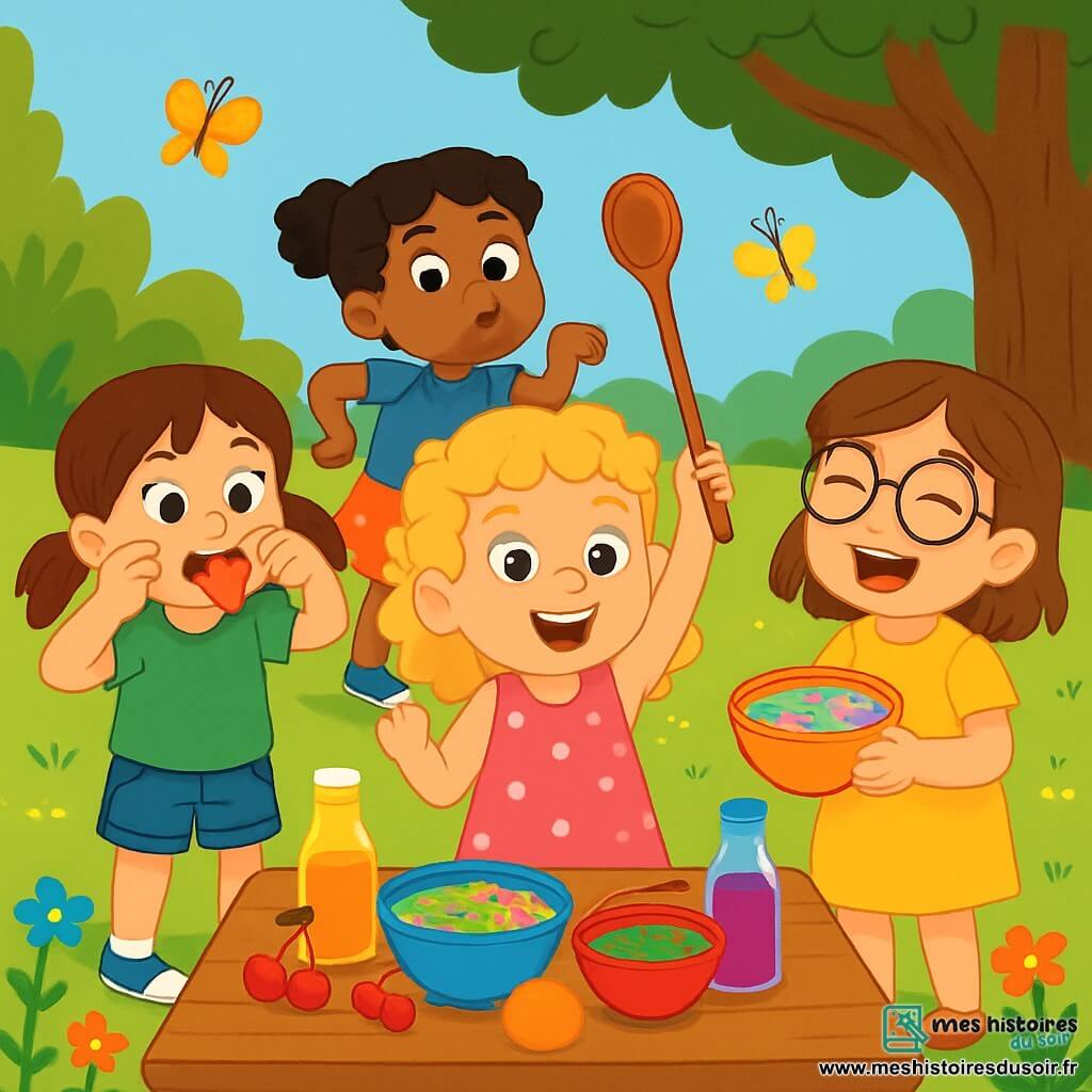 Quatre enfants sont présents : Zoé, 5 ans, avec des cheveux bouclés et blonds, souriante au centre avec une cuillère en bois ; Emma, 5 ans, cheveux bruns en couettes, à gauche de Zoé, faisant une grimace ; Léa, 5 ans, cheveux châtains et lunettes, à droite de Zoé, riant avec un bol coloré ; et Mia, 5 ans, cheveux noirs et frisés, derrière Zoé, mimant une marche de robot. Ils se trouvent dans un jardin ensoleillé, avec une table en bois chargée de mélanges étranges, de fruits et de jus. Ils relèvent un défi gustatif, goûtant des mélanges bizarres et riant ensemble, créant une ambiance joyeuse.