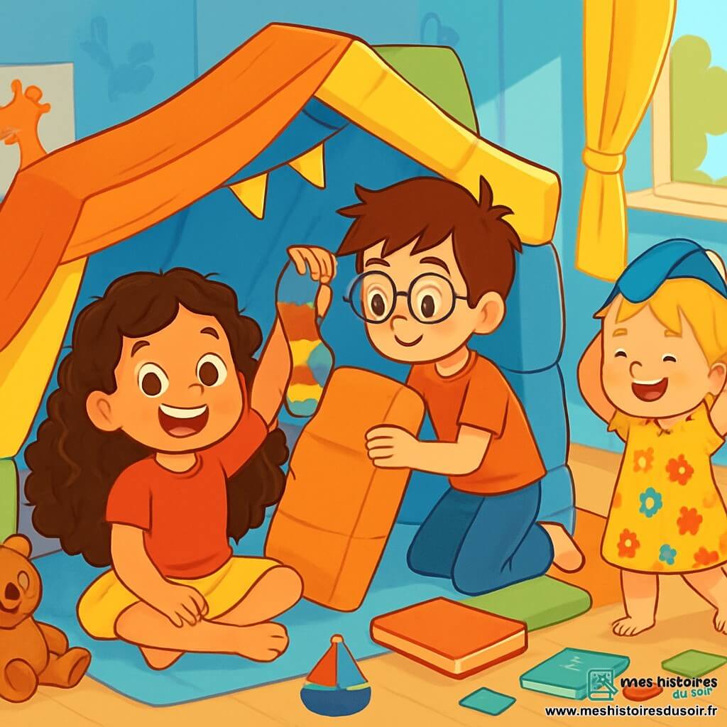 Une petite fille de 6 ans, Zoé, avec de longs cheveux bouclés et des yeux malicieux, est assise dans une cabane de coussins et de couvertures, souriante et tenant une chaussette colorée. À côté d'elle, son frère Max, 7 ans, avec des cheveux bruns en bataille et des lunettes rondes, construit un mur de coussins, concentré mais amusé. Plus loin, leur sœur Léa, 3 ans, avec des cheveux blonds et une robe à fleurs, rit en portant une chaussette sur sa tête. La cabane est dans leur chambre, remplie de jouets colorés et de rayons de soleil. Les murs sont bleus et décorés de dessins d'animaux. Ensemble, ils jouent dans un monde magique de pirates et de trésors cachés, avec des coussins comme des vagues d'un océan imaginaire.
