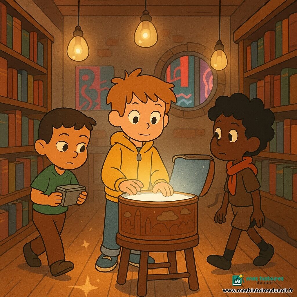 Trois garçons de 5 ans — Boser-ne, châtain en bataille en veste jaune et jean, au centre les mains sur un coffre rond, Malo, peau olive, coupe courte, tenant une petite boîte métallique à gauche, et Ilyes, cheveux noirs bouclés, écharpe rouge, à droite en posture d’éclaireur regardant une étagère — se tiennent dans une bibliothèque cachée derrière une laverie, murs garnis d’étagères en bois sombre, lampes en goutte diffusant une lumière vanille, parquet usé et petite fenêtre ronde laissant passer un reflet néon ; ils déposent ensemble un fragment scintillant dans un coffre en bois sculpté posé sur un tabouret, qui émet une lumière blanche douce formant des rails d’étoiles sur le sol pendant qu’une ombre fine se replie au pied d’une étagère ; ambiance chaleureuse, magique et rassurante, couleurs chaudes et pastels, traits simples et expressifs, composition centrée sur les mains réunies autour du coffre.