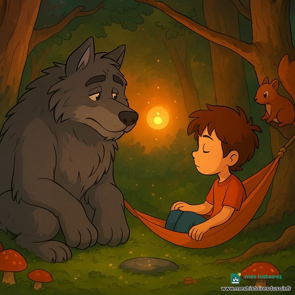 Marou, un loup-garou massif à la fourrure grise en mèches épaisses et au regard doux, est assis paisiblement sur la mousse face à Nino, un garçon d'environ 9 ans aux cheveux bruns en bataille, assis dans un petit hamac suspendu, main sur la corde ; une lanterne flottante dorée éclaire leurs visages tandis qu'un écureuil roux les observe depuis une branche, la clairière mousseuse parsemée de champignons et d'une pierre humide reflète la lumière orangée du crépuscule avec des lucioles, et les deux partagent un moment serein de respiration synchrone, rendu dans un style cartoon années 90 aux couleurs saturées et contours arrondis.
