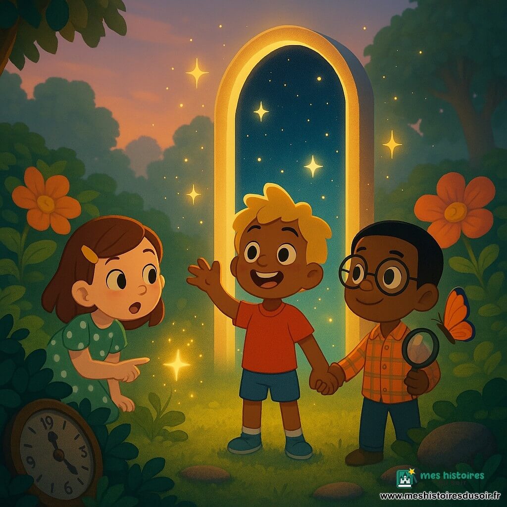 Trois enfants — Lina (≈7 ans, cheveux bruns mi-longs avec barrette jaune, robe verte à pois, curieuse), Hugo (≈8 ans, cheveux blonds en bataille, t‑shirt rouge, émerveillé) et Modeste (≈7 ans, cheveux noirs courts, lunettes rondes, chemise à carreaux, tenant une loupe, un papillon sur l’épaule, main dans la main avec Hugo) — se tiennent en demi-cercle dans un jardin enchanté au petit matin (buissons et fleurs vives, herbe texturée, pierres mousses, une horloge ancienne partiellement enfouie), juste avant de franchir une porte lumineuse flottante composée de milliers d’étoiles dorées : éclats dorés et particules scintillantes dans l’air, lumière douce et brume légère, expressions d’émerveillement, composition centrée sur la porte.