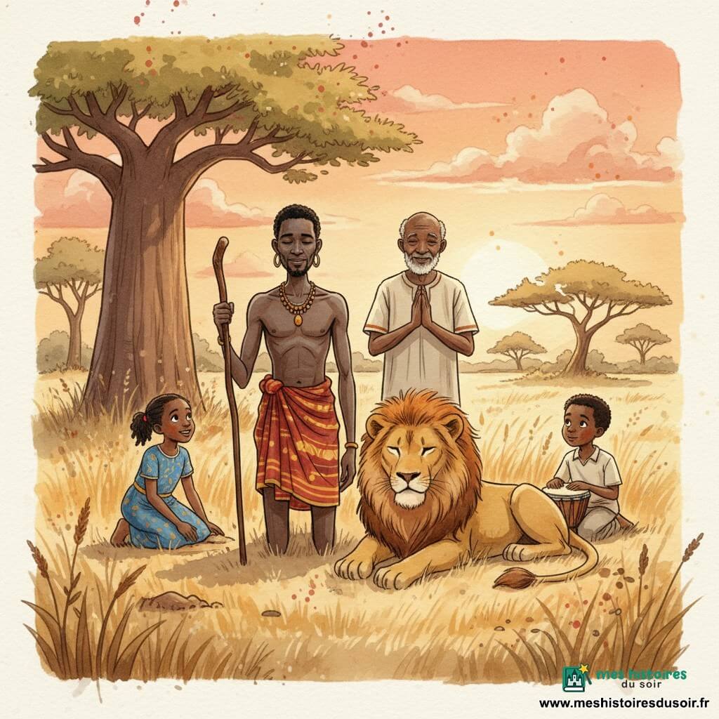 Nuru, grand et mince aux cheveux crépus sombres, est agenouillé, visage serein, portant un pagne tissé rouge et jaune et tenant un bâton de marche sculpté ; derrière lui se tient Mzee Juma (≈70 ans), barbe blanche courte, peau ridée, sourire doux, mains jointes en bénédiction ; une fillette d'environ 8 ans en robe bleue à motifs est accroupie à gauche, mains sur la terre, regard émerveillé, et un garçon d'environ 10 ans est assis à droite, pantalon clair et petit tambour à côté, regard attentif ; un lion majestueux au pelage doré et à la crinière rousse est couché à quelques pas, yeux fermés mais alerte ; lieu : clairière de savane aux herbes hautes dorées, grand baobab en bordure, quelques acacias tordus, ciel de coucher de soleil orangé avec nuages rosés ; atmosphère de respect et d'harmonie, lumière chaude rasante et ombres longues, solennelle et paisible.