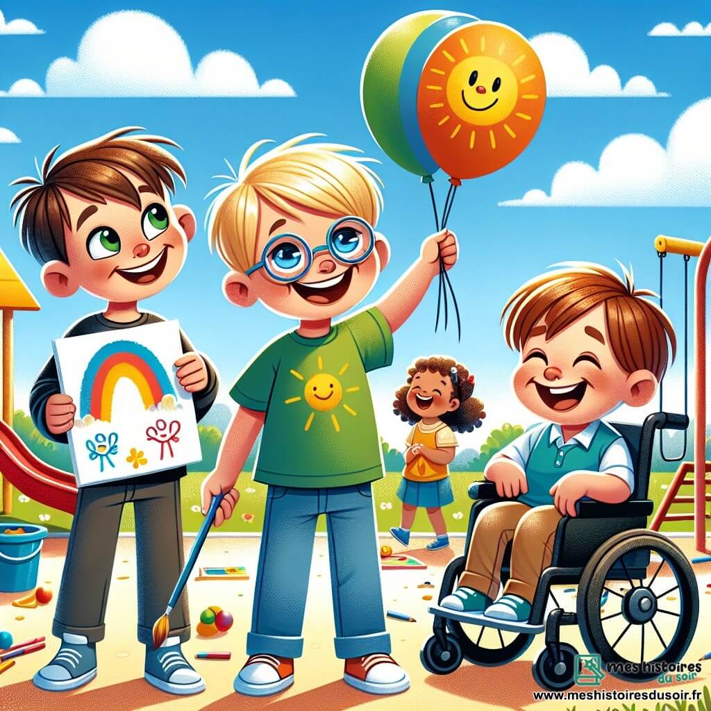Trois garçons d'environ 8 ans se tiennent dans une cour d'école ensoleillée. Tom, aux cheveux bruns, sourit en tenant un dessin d'un ballon coloré. Max, blond avec des lunettes, montre son dessin d'un soleil éclatant. Lucas, joyeux aux cheveux châtains, est dans son fauteuil roulant avec un dessin d'un grand arbre vert. La cour est remplie de jeux colorés et des enfants jouent autour d'eux sous un ciel bleu avec quelques nuages. Les garçons partagent leurs dessins et rient ensemble, illustrant la joie de l'amitié dans leur nouvelle école.