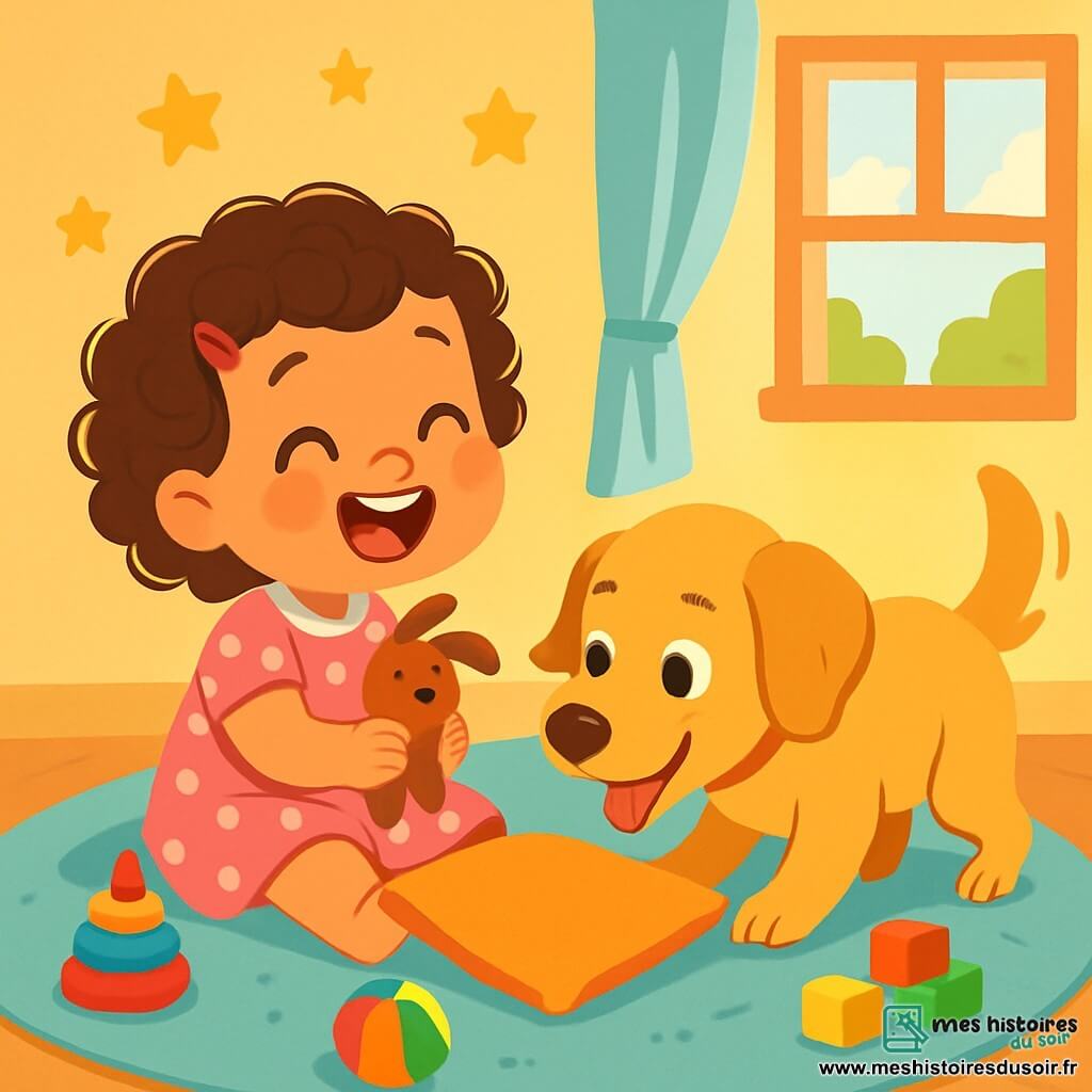 Une petite fille de 2 ans, Lili, avec de grands yeux et des cheveux bouclés, est assise sur un tapis moelleux, riant. Elle porte une robe rose à pois et tient un jouet en peluche. À côté d'elle, son chien Pataud, un golden retriever, remue la queue, prêt à jouer. La scène se déroule dans une chambre chaleureuse aux murs pastel, avec des étoiles au plafond et des jouets éparpillés. Lili cache son jouet sous un coussin, tandis que Pataud, curieux, renifle autour d'elle. L'atmosphère est joyeuse et ludique.