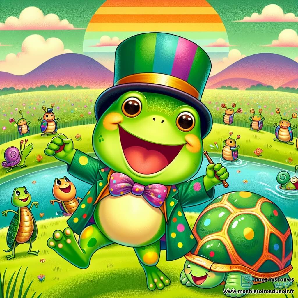 Léon, une grenouille malicieuse à la peau verte brillante et aux taches jaunes, porte un chapeau melon coloré et saute joyeusement sur un nénuphar. Sa meilleure amie, Camille la tortue, avec sa carapace verte ornée de motifs colorés, l'encourage en levant une patte. En arrière-plan, un champ verdoyant est rempli d'animaux joyeux, comme des sauterelles et des escargots, réunis pour une fête. La scène montre Léon dansant et sautant, entouré de rires et de couleurs vives, tandis que le soleil se couche, teintant le ciel d'orange et de rose.