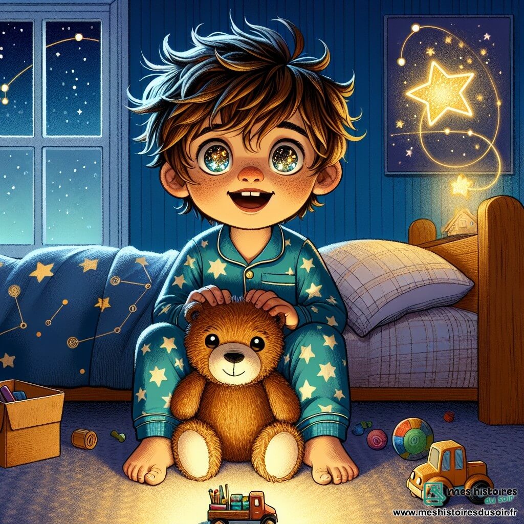 Lucas, un garçon de 4 ans aux cheveux bruns en désordre et aux yeux curieux, est assis sur son lit en pyjama bleu avec des étoiles blanches, tenant son ours en peluche. Son visage montre émerveillement et une légère peur en observant son environnement. À ses côtés flotte Stella, une étoile scintillante au sourire chaleureux, entourée d'une lumière dorée. La chambre de Lucas est décorée de murs bleu nuit avec des posters de planètes et de constellations, et une fenêtre laisse passer la lumière des étoiles. Lucas joue avec un camion en plastique, imaginant des aventures dans une forêt sombre, tandis que Stella lui montre que le noir peut être magique et plein de surprises.