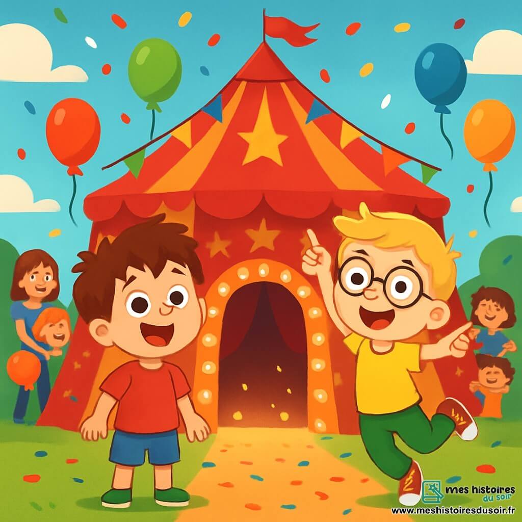 Deux personnages principaux : Tom, un garçon de 5 ans aux cheveux bruns en bataille, portant un t-shirt rouge et un short bleu, se tient devant un chapiteau avec des yeux écarquillés de joie. Léo, également âgé de 5 ans, avec des cheveux blonds et des lunettes rondes, est habillé d’un t-shirt jaune et d’un pantalon vert, et saute de joie à côté de Tom en montrant le chapiteau. L'histoire se déroule devant un grand chapiteau de cirque rouge orné d’étoiles dorées, avec des drapeaux colorés flottant au vent et des lumières brillantes illuminant le sol. Tom et Léo, émerveillés, attendent avec impatience le début du spectacle, entourés de familles joyeuses, de ballons colorés et de confettis.