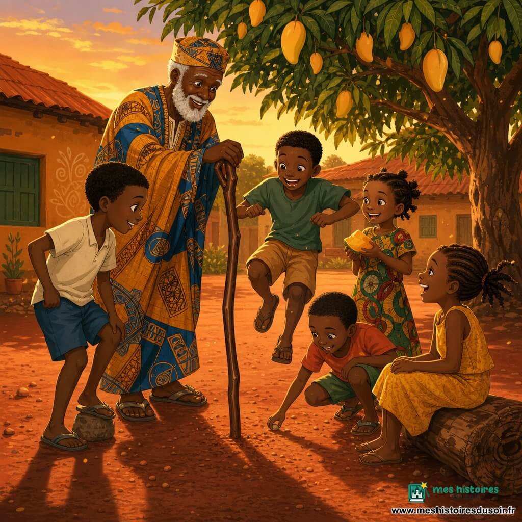 Sambou, homme au sourire doux et à la barbe blanche, pagne ocre et bleu et chapeau léger, plante un bâton poli au centre d'une cour d'école villageoise tandis que des enfants — Kofi (≈8 ans, curieux, prêt à courir), Awa (≈6 ans, tresses, robe jaune poussiéreuse) et trois autres (7 ans sautant, 9 ans tenant une mangue, 5 ans touchant la terre) forment un demi-cercle joyeux autour du bâton ; sol en terre rouge, fromager et manguier en arrière-plan, maisons en torchis, lumière chaude du crépuscule, atmosphère conviviale, illustration vectorielle aux contours nets et aplats de couleur.