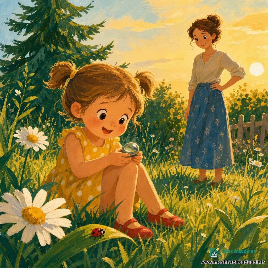 Une fillette de 4 ans joyeuse et curieuse, cheveux châtain clair en couettes, yeux ronds, assise dans l'herbe avec contre son genou un petit caillou lisse, rond et légèrement lumineux, porte une robe jaune à pois blancs et des chaussures rouges; sa maman d'environ 30 ans, souriante et douce, cheveux bruns attachés, se tient à quelques pas, main sur la hanche, regard bienveillant; jardin en fin d'après-midi avec herbe haute, grandes marguerites, une coccinelle sur une feuille et un sapin en arrière-plan, lumière dorée et longues ombres, ambiance calme et chaleureuse, couleurs douces et textures gouache visibles.
