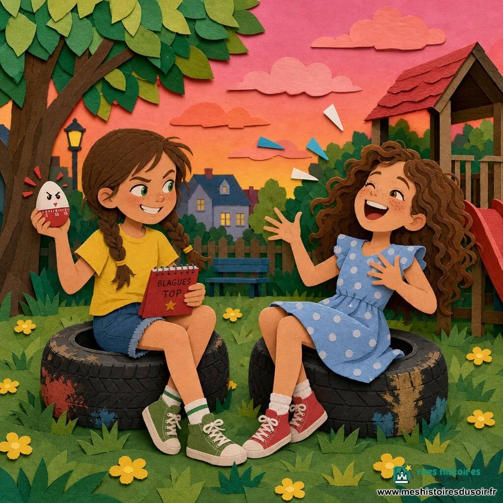 Deux filles de 9 ans, Zoé (cheveux châtains en deux tresses, yeux verts, t‑shirt jaune, short en jean) assise sur un pneu à gauche tenant un petit carnet rouge et un minuteur en forme d’œuf, et Mia (cheveux bruns bouclés lâchés, taches de rousseur, yeux noisette, robe à pois bleu clair) assise sur un pneu à droite, penchée en arrière en rigolant, mains levées ; petit parc de quartier au crépuscule avec herbe verte parsemée de fleurs jaunes, deux pneus comme sièges, toboggan rouge et cabane en bois, quelques arbres aux feuilles découpées en papier et ciel rose orangé ; elles participent à un concours de blagues, éclats de rire visibles en petites formes blanches et bleues, le minuteur‑œuf posé sur le carnet clignote en farceur, ambiance joyeuse, couleurs vives et textures de papier superposées.