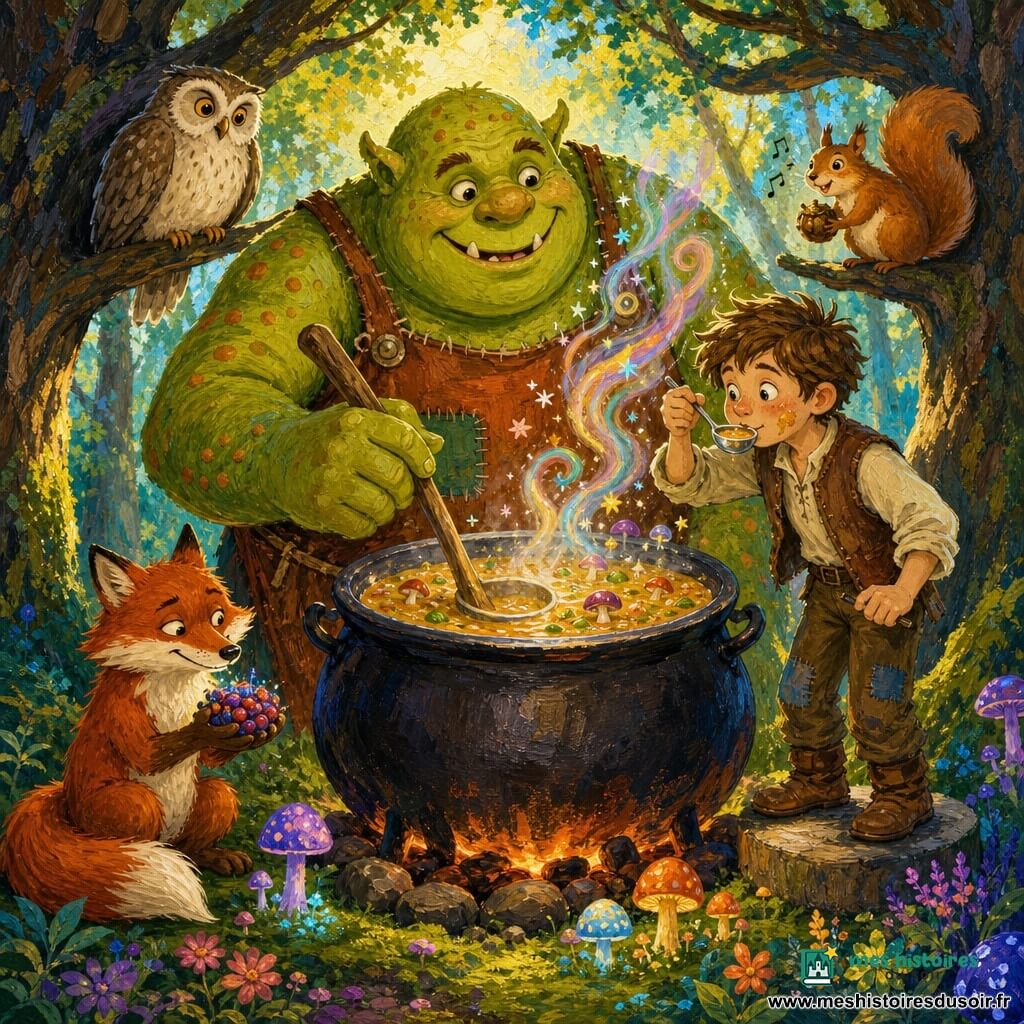 Un ogre amical et potelé à la peau vert tendre ponctuée de taches rousses, nez rond et fossettes, porte un tablier rapiécé couleur brique et remue un grand chaudron fumant d'où s'élèvent volutes scintillantes; à ses côtés, Pacifique, garçon d'environ 10 ans aux cheveux bruns en bataille et tâche de soupe sur la joue, goûte la soupe debout sur une pierre basse en tenant une louche. Un renard roux malicieux, les oreilles pointues et la queue fournie, tient des baies scintillantes, un écureuil fauve perché sur une branche basse tient une noix chantante, et un hibou crème aux grands yeux observe depuis une branche haute. La scène se déroule dans une clairière ensoleillée couverte de mousse émeraude, champignons phosphorescents et fleurs pétillantes, entourée de grands arbres noueux; ambiance de festin magique en plein air centrée sur le chaudron, vapeur colorée, gestes joyeux, palette chaude et textures visibles.