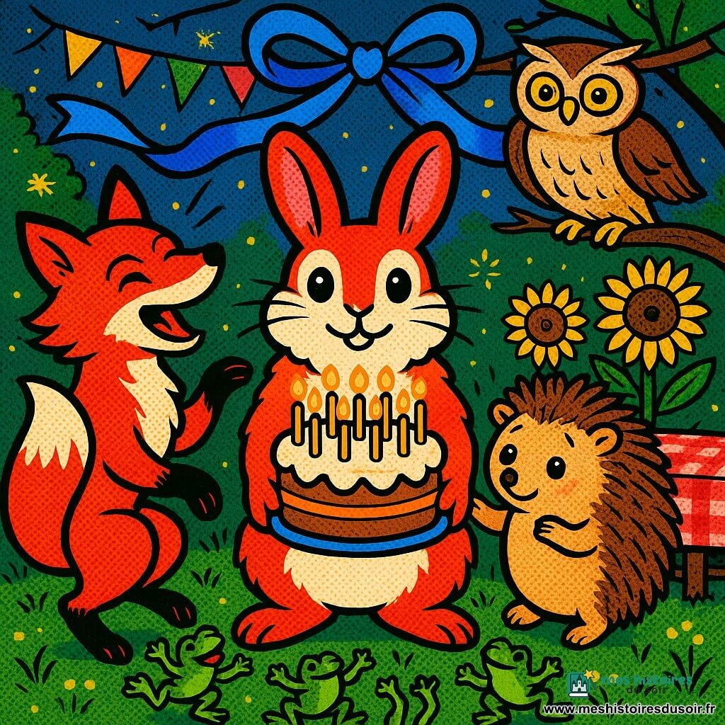 Un lapin anthropomorphe blanc et roux au pelage duveteux tient au centre un gâteau aux carottes avec onze bougies allumées, une renarde rousse élégante tourne en riant à gauche, un petit hérisson se blottit à droite, une chouette beige veille depuis une branche, trois grenouilles vertes tapent le sol devant la table, un ruban bleu forme un nœud en cœur au-dessus d'eux ; décor : jardin au crépuscule avec herbe, tournesols, guirlandes, nappe à carreaux rouge et blanc, lucioles ; scène : danse finale et câlin collectif autour du gâteau, lumières chaudes des bougies et palette vive façon pop art.