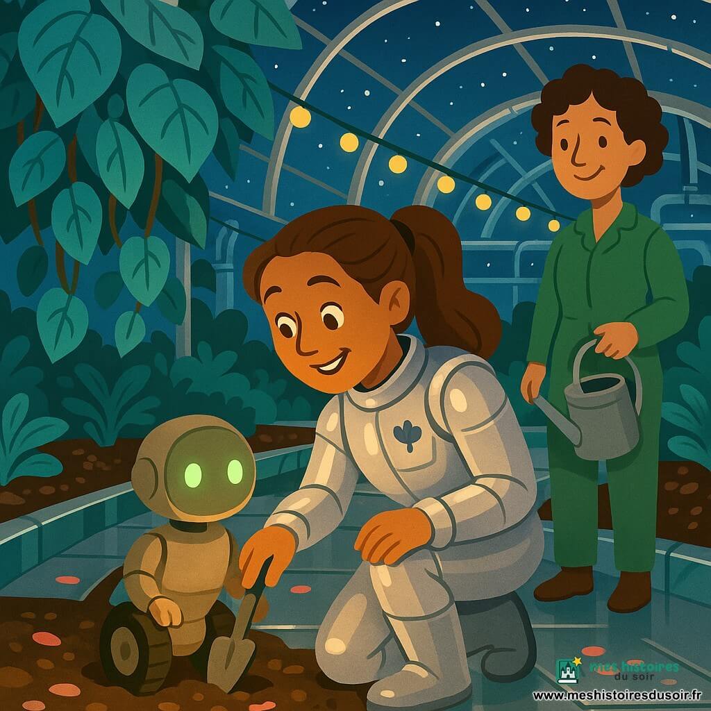 Capitaine Eve, souriante et concentrée, agenouillée, cheveux châtains en queue de cheval, en combinaison spatiale argentée avec une petite fleur bleu nuit dans la poche, dégage doucement la roue bloquée d’un petit robot-jardinier de 40 cm à carrosserie mate et yeux LED avec une petite pelle; Léa, scientifique d’environ 30 ans, tenue verte et cheveux courts bouclés, tient un arrosoir et l’observe bienveillante, légèrement en arrière à droite; la scène se déroule dans un cloître stellaire sous une grande verrière arrondie, sol métallique poli, allées de terre sombre et jardins suspendus aux grandes feuilles turquoise, guirlandes de lumières jaunes et tubes argentés en arrière-plan; ambiance calme et chaleureuse, grains de terre qui volent, éclairage chaud, style clair aux couleurs vives et contrastées, traits nets adaptés à un livre jeunesse.