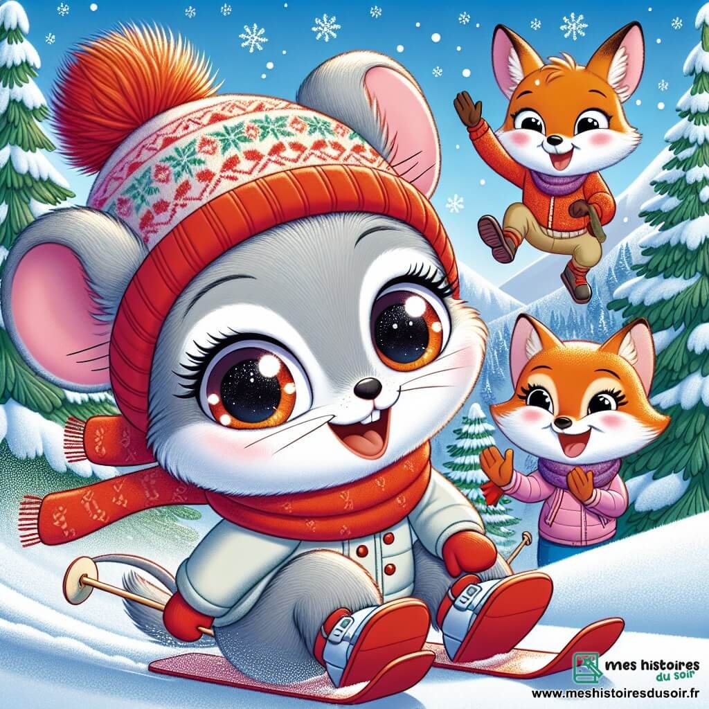 Une petite souris nommée Léa, avec un pelage gris et des yeux pétillants, glisse joyeusement sur une pente enneigée, souriante, portant un casque de ski rouge et une écharpe colorée. À ses côtés, Tom le lapin, avec ses grandes oreilles et son pelage blanc, saute dans la neige, riant, tandis qu’Emma la renarde, avec son pelage orange vif, applaudit en l’encourageant. Le décor est une vallée hivernale avec des sapins chargés de neige sous un ciel bleu clair. Léa s’élance sur la pente, pleine d’énergie, tandis que ses amis l’encouragent, créant une ambiance joyeuse.