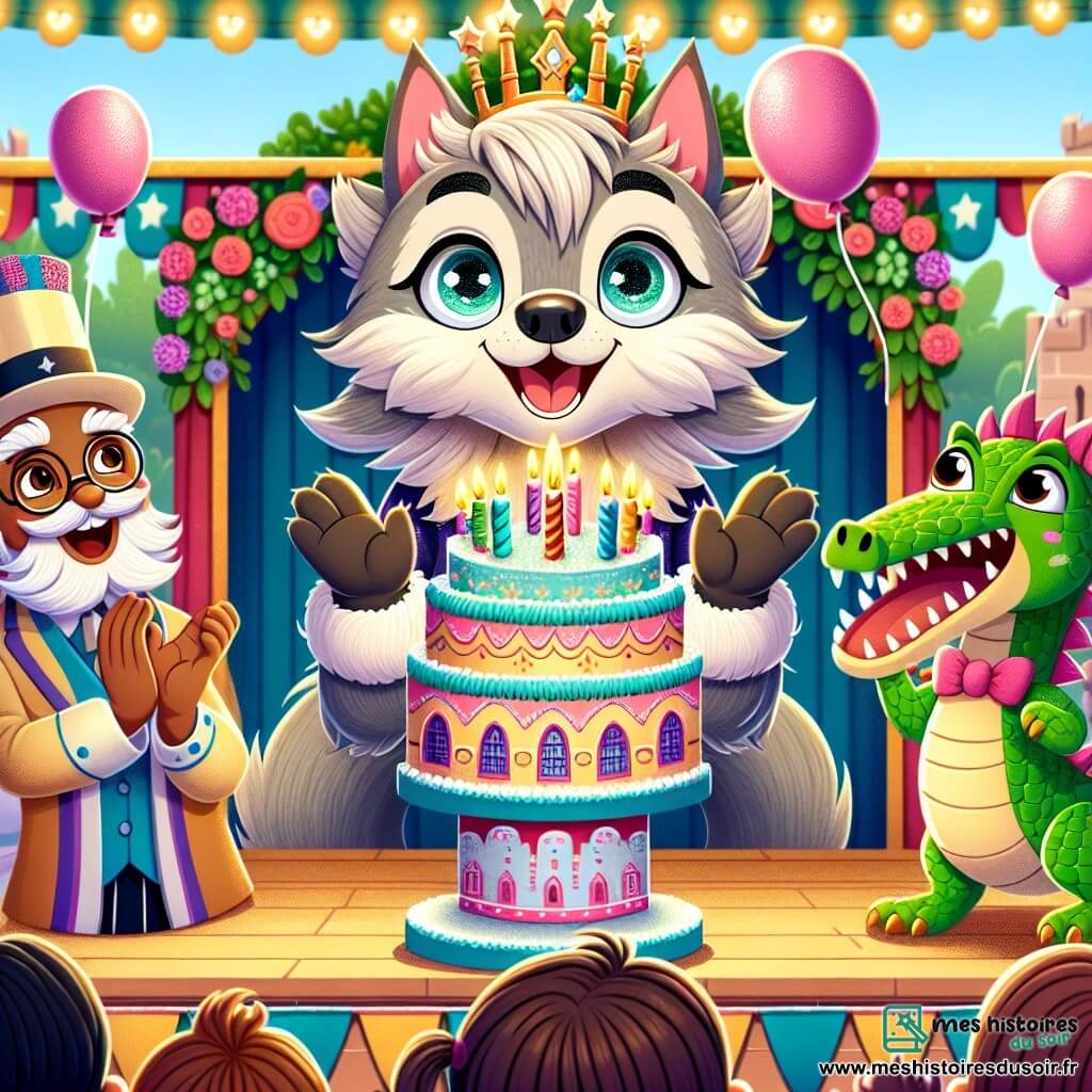 Au centre de l'image, Loupino, un petit loup au pelage gris argenté et aux yeux malicieux, est sur scène, souriant avec un gâteau d'anniversaire en forme de château, décoré de bougies scintillantes. À sa droite, le marionnettiste, souriant avec un chapeau haut de forme, applaudit avec fierté, à côté d'une marionnette en bois, un dragon aux écailles vertes qui amuse les enfants. En arrière-plan, une foule d'enfants et de parents applaudit, souriants, certains tenant des ballons colorés. Le décor est un théâtre en plein air, entouré de fleurs et de guirlandes lumineuses, créant une atmosphère festive. La scène montre Loupino soufflant ses bougies, célébrant un moment de joie et d'amitié.
