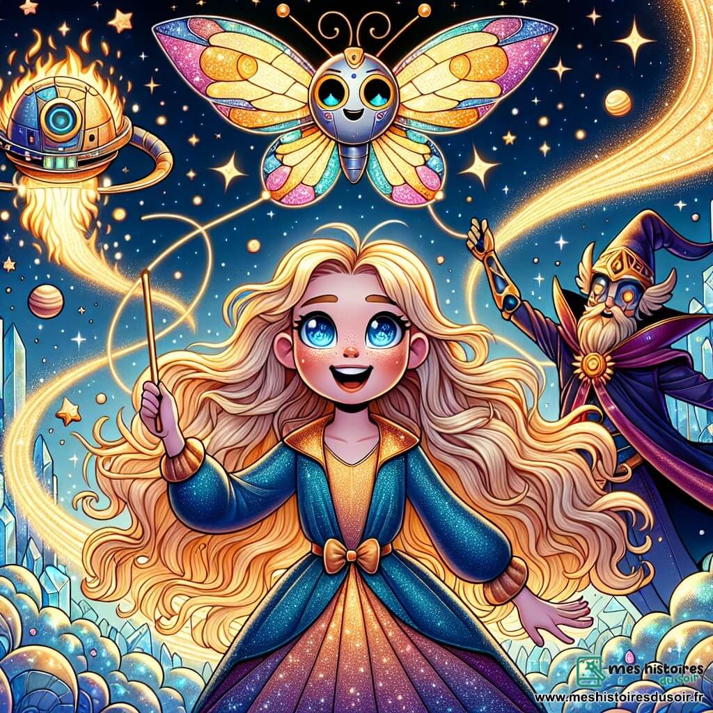 Une petite fille de 8 ans, Nova, avec des cheveux dorés et des yeux pétillants, pilote l'Aéroflot Magique, un cerf-volant aux ailes de papillon scintillantes. À sa droite, Techno, un robot aux formes arrondies, observe avec excitation. À gauche, un sorcier à la barbe flamboyante lève sa baguette magique, prêt à lancer un sort. Le décor est un ciel étoilé avec des planètes colorées et des nuages de poussière d'étoiles. En dessous, une forêt de cristal étincelante s'étend. Nova fait voler l'Aéroflot Magique, entourée de robots et de sorciers émerveillés par leur collaboration entre science et magie.