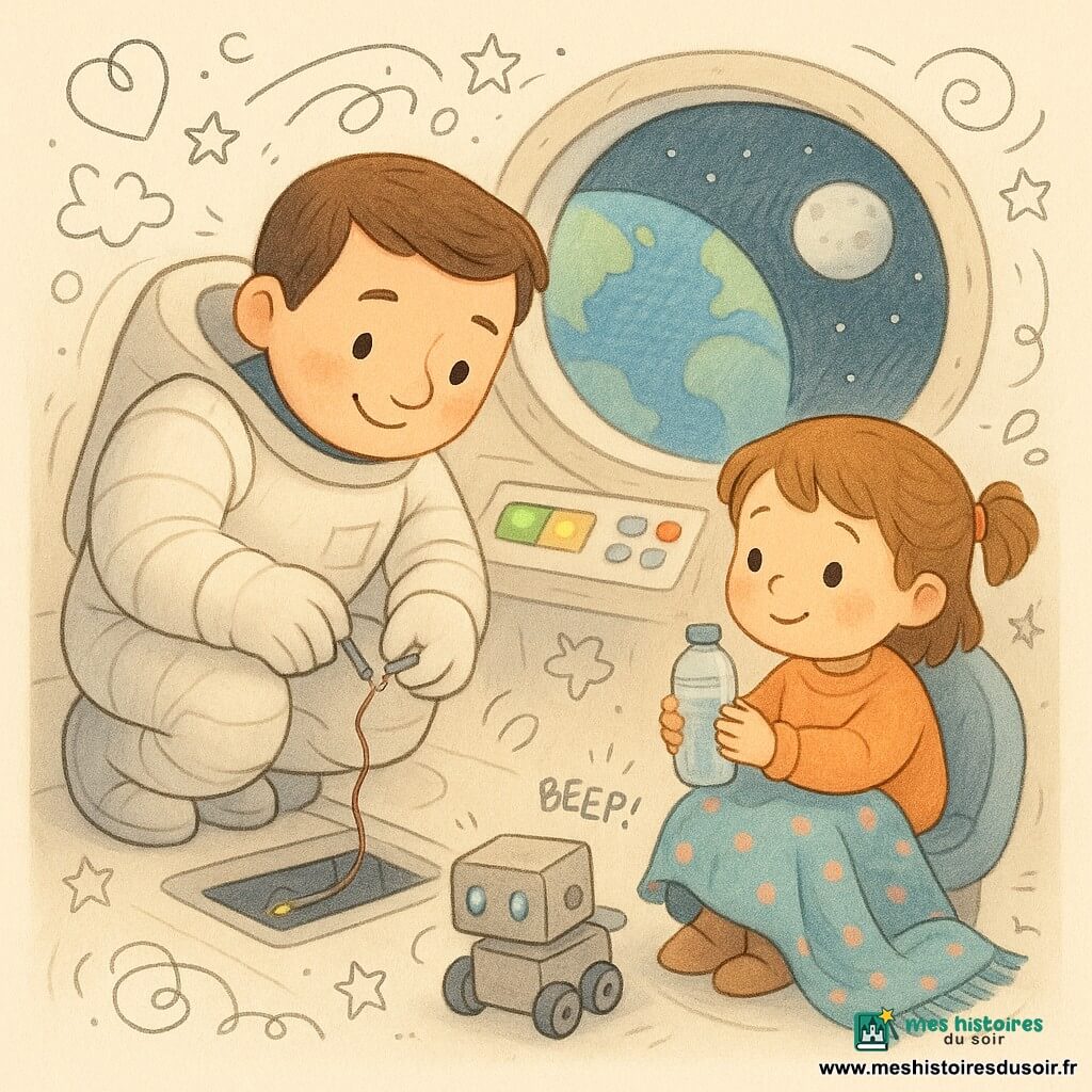 Léo, visage rond et souriant, cheveux bruns courts, en combinaison spatiale blanche et gants, répare doucement un fil derrière une trappe ouverte pendant qu'une fillette d'environ 4 ans, assise avec une couverture bleue à pois roses et tenant une gourde, regarde par le grand hublot montrant la Terre et la Lune, tandis qu'un petit robot carré argenté aux yeux LED bleus roule près d'elle en apportant une couverture supplémentaire dans la cabine ronde et lumineuse décorée d'autocollants d'étoiles.