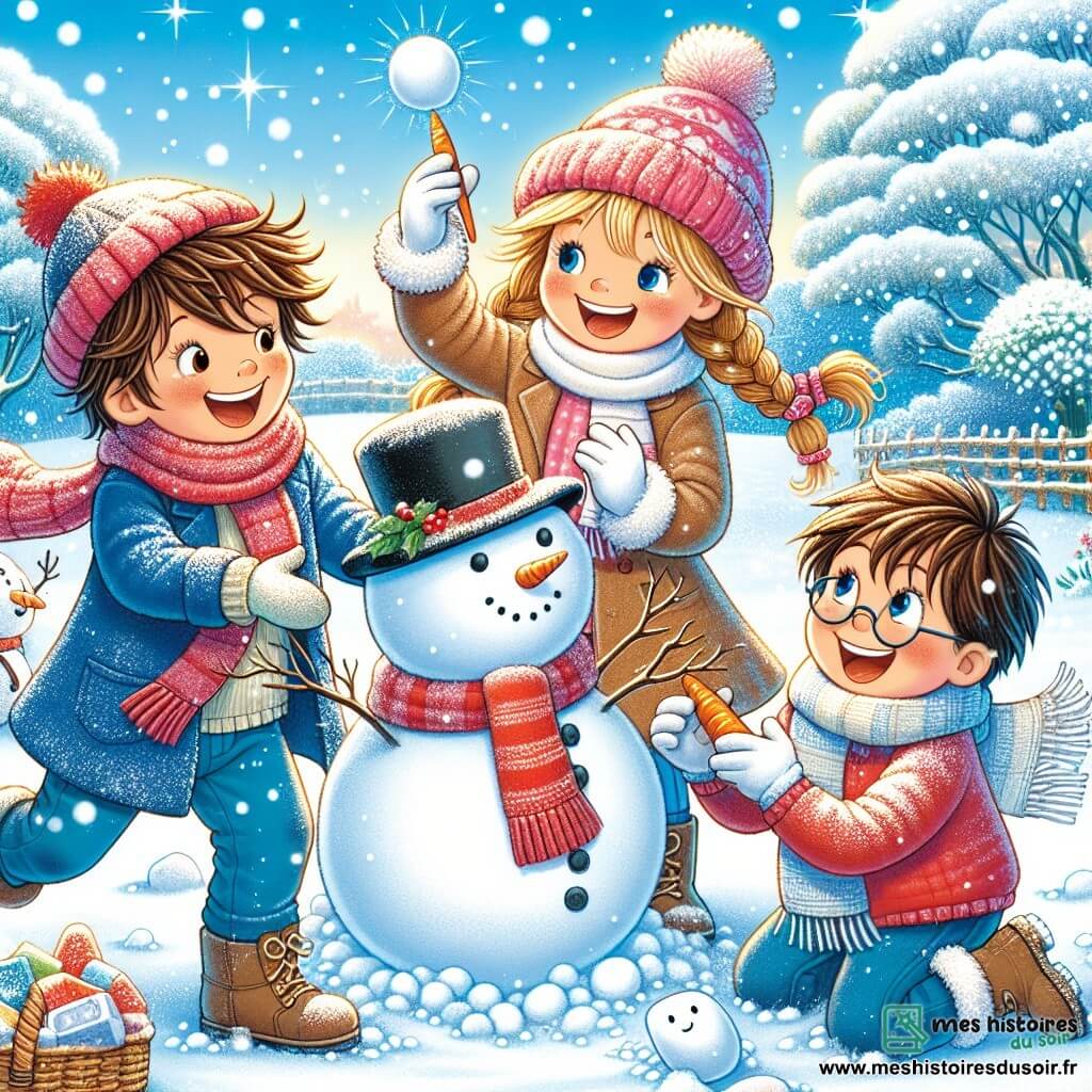 Dans un jardin enneigé, trois amis s'amusent. Léo, 7 ans, avec des cheveux bruns en bataille, porte un manteau bleu et un bonnet rouge. Il lance une boule de neige vers Hugo, qui est accroupi près d'un bonhomme de neige en ajoutant une carotte pour le nez. Emma, 6 ans, avec des cheveux blonds tressés, porte une écharpe rose et des gants blancs, riant en regardant Léo. Le jardin est couvert de neige scintillante, avec des arbres chargés de neige et un ciel bleu éclatant. Les amis jouent ensemble, créant des souvenirs joyeux en construisant un bonhomme de neige.