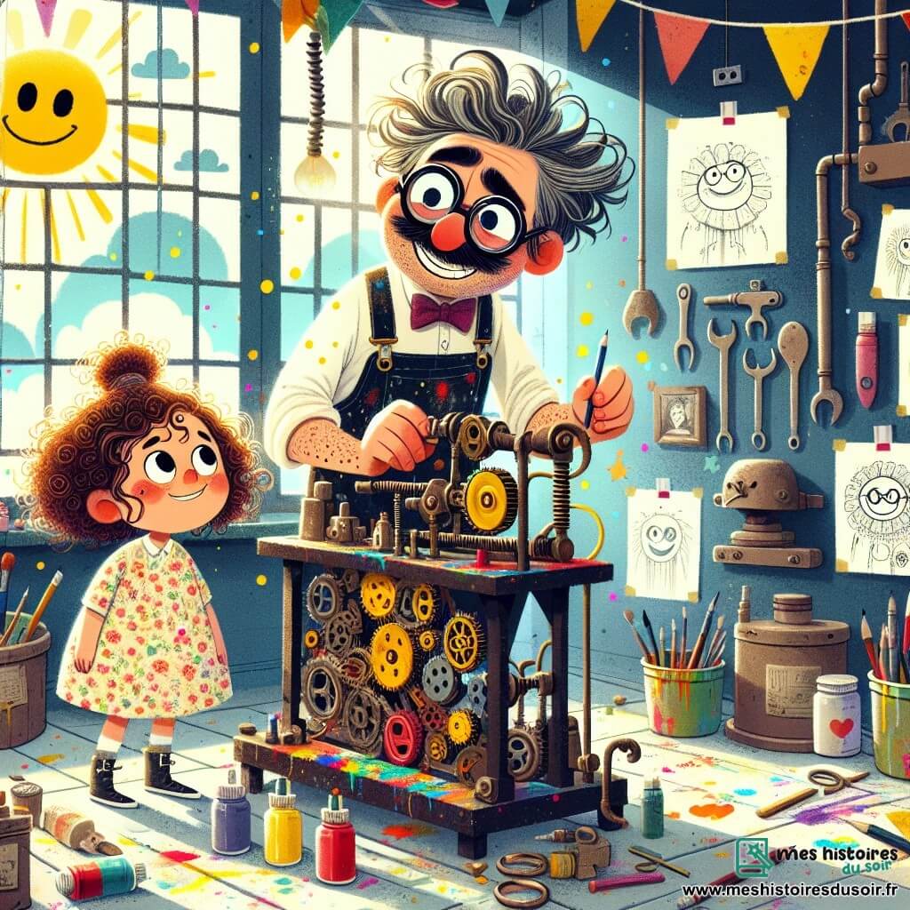 Monsieur Bidouillon, un homme aux cheveux en bataille et aux lunettes de travers, bricole dans son atelier coloré. Il porte une salopette tachée de peinture et sourit d'excitation en ajustant les engrenages de sa machine à faire sourire les nuages. À ses côtés, une petite fille d'environ 8 ans, aux cheveux bouclés et en robe à fleurs, observe avec des yeux écarquillés, prête à dessiner les nuages souriants. L'atelier est rempli de gadgets étranges, et la lumière du soleil crée une ambiance joyeuse. Monsieur Bidouillon actionne sa machine, qui émet des éclats de lumière et des confettis colorés, tandis que des nuages commencent à sourire et à prendre des formes amusantes, provoquant des rires.