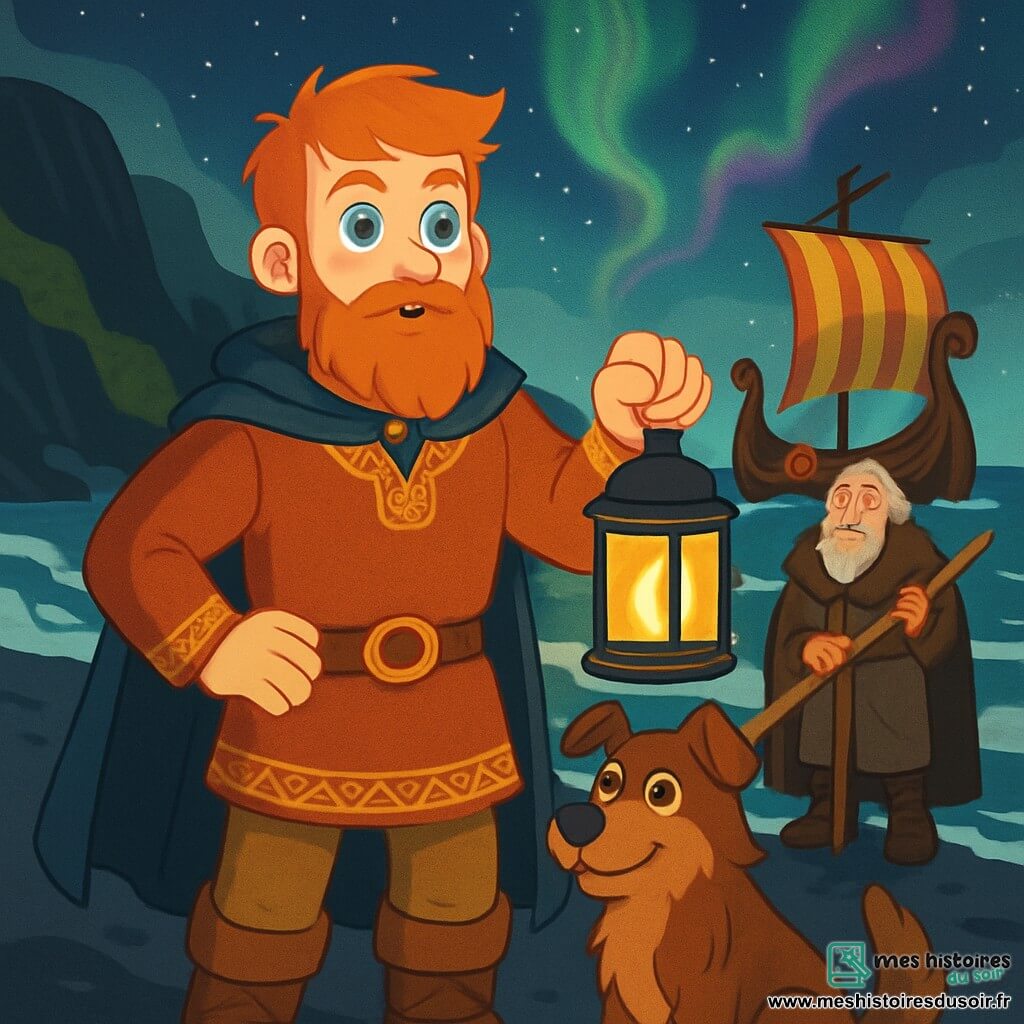 Un jeune viking nommé Eirik, à la barbe rousse et aux yeux clairs, se tient sur une plage de sable noir, déterminé et émerveillé. Il porte une tunique en laine ornée de motifs nordiques et tient une lanterne brillante. À ses côtés, son chien de berger Skald le regarde avec loyauté. Plus loin, un vieil homme nommé Björn, vêtu d'une cape en fourrure, observe la mer, prêt à guider le drakkar. La plage sauvage est bordée de falaises et de vagues, sous un ciel étoilé avec une aurore boréale. Eirik, prêt à embarquer sur un drakkar, laisse la flamme de sa lanterne scintiller tandis que le vent porte l'écho des légendes nordiques.
