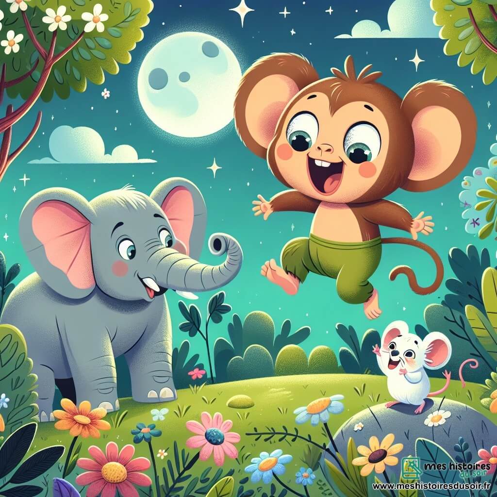Un petit singe joyeux, avec un pelage brun clair et des yeux pétillants, saute sur une branche verte, souriant. À côté, un grand éléphant gris, avec de grandes oreilles et une trompe curieuse, regarde le singe en riant, entouré de fleurs colorées. Une petite souris blanche, avec de grandes oreilles, chante sur une pierre. Le ciel est bleu avec des nuages moelleux et la lune brille au-dessus des arbres. Dans cette scène, le singe chante joyeusement, découvrant la magie de l'amitié sous la lumière de la lune.