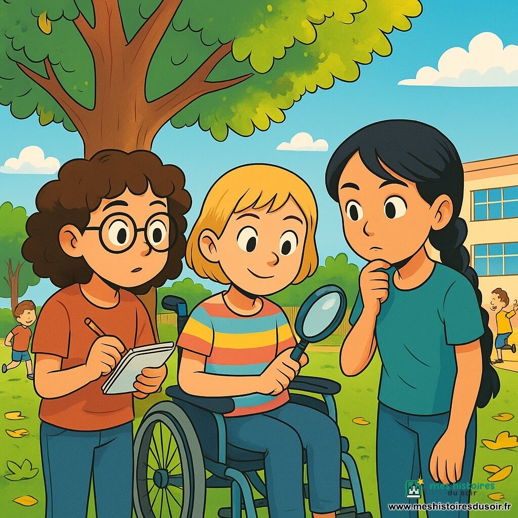 Il y a trois personnages : Lisa, une fille de 10 ans avec des cheveux bruns bouclés et des lunettes rondes, qui tient un carnet et a un air curieux ; Maïssa, une fille de 10 ans aux cheveux courts et blonds, en fauteuil roulant, souriante et confiante ; et Jade, une fille de 10 ans avec des cheveux longs et noirs en tresse, attentive et observatrice. Les trois amies se tiennent près d'un grand tilleul dans la cour de l'école, entourées d'enfants jouant, sur un sol couvert de feuilles vertes et dorées, sous un ciel bleu éclatant. Elles enquêtent sur un goûter disparu : Lisa prend des notes, Maïssa examine le sol avec une loupe, et Jade cherche des indices.