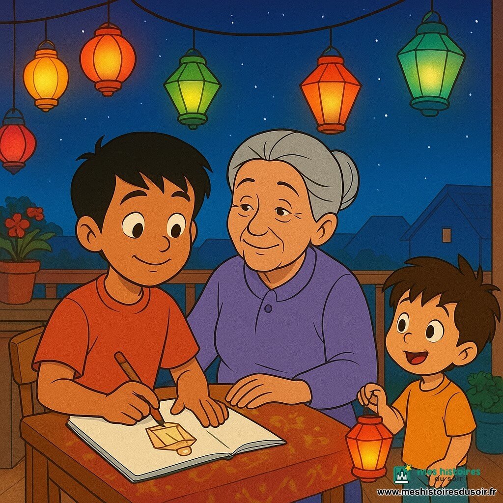 Un garçon de 10 ans à la peau caramel et cheveux noirs courts, assis à une petite table sur un balcon le soir, dessine un lampion dans un carnet tandis qu'une grand-mère d'environ 70 ans, cheveux gris en chignon, pose la main sur le carnet avec tendresse; un petit frère de 5 ans joue debout avec un lampion en papier; des guirlandes de lanternes aux lumières chaudes illuminent la scène lors d'une réunion familiale paisible au dernier soir du Ramadan.