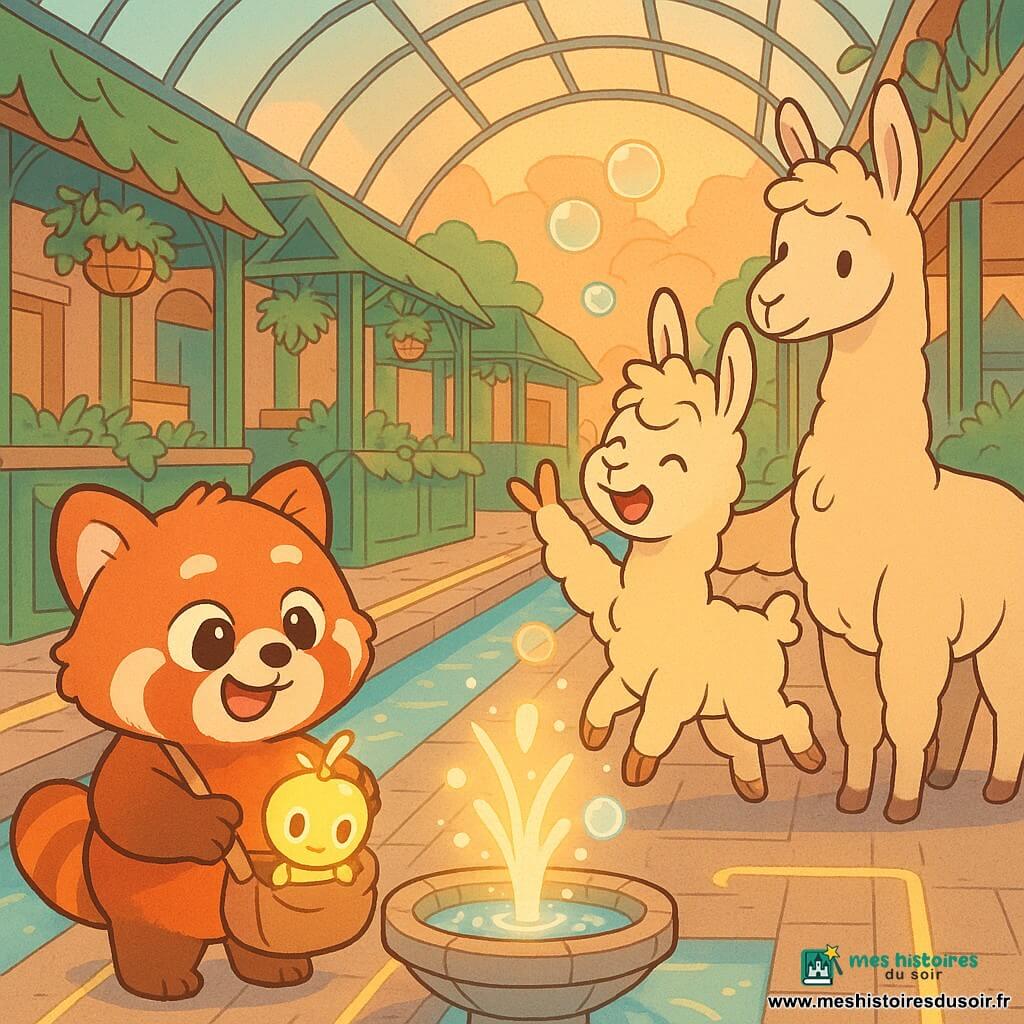 Petit panda roux rond et pelucheux, yeux curieux et sourire joyeux, tient dans son sac un petit robot lumineux en forme de pomme et le montre vers une fontaine. Un bébé lama laineux, enthousiaste, saute vers des bulles qui flottent au-dessus de la fontaine tandis que sa mère plus grande, calme et soulagée, lui pose la main dessus en regardant la fontaine avec reconnaissance. Scène colorée dans un marché sous une grande verrière en verre courbé, allées pavées à lignes lumineuses, kiosques verts, jardinières suspendues et petits canaux d'eau claire reflétant une lumière crémeuse au coucher ; le robot Lumo traduit les gestes du bébé lama en bulles translucides.