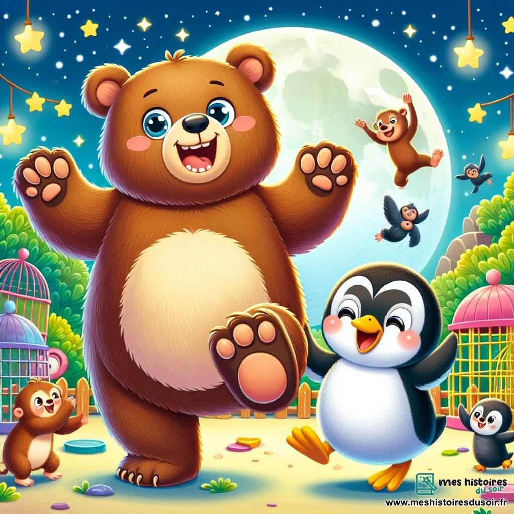 Une ourse nommée Olivette, au pelage brun et aux yeux curieux, danse sous la pleine lune avec un petit pingouin nommé Pipo, qui glisse en riant. Ils se trouvent dans un zoo coloré, entourés de cages lumineuses et de verdure, avec des étoiles scintillantes dans le ciel. La scène dépeint leur amitié joyeuse, agrémentée de singes espiègles qui sautent autour d'eux.