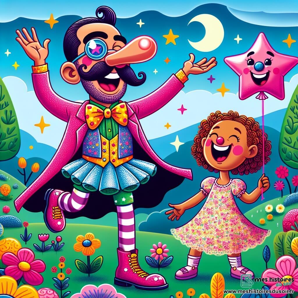 Un homme au gros nez magique, Super Pif, porte un tutu rose et des chaussettes à pois. Il sourit largement, les yeux malicieux, prêt à s'élancer. À ses côtés, Lila, une petite fille de 6 ans aux cheveux bouclés, rit en tenant un ballon en forme d'étoile. Le parc est coloré avec des fleurs, des arbres verts et un ciel bleu, rempli de chants d'oiseaux. Super Pif et Lila se préparent à faire une blague aux animaux du parc, entourés de rires et de joie.