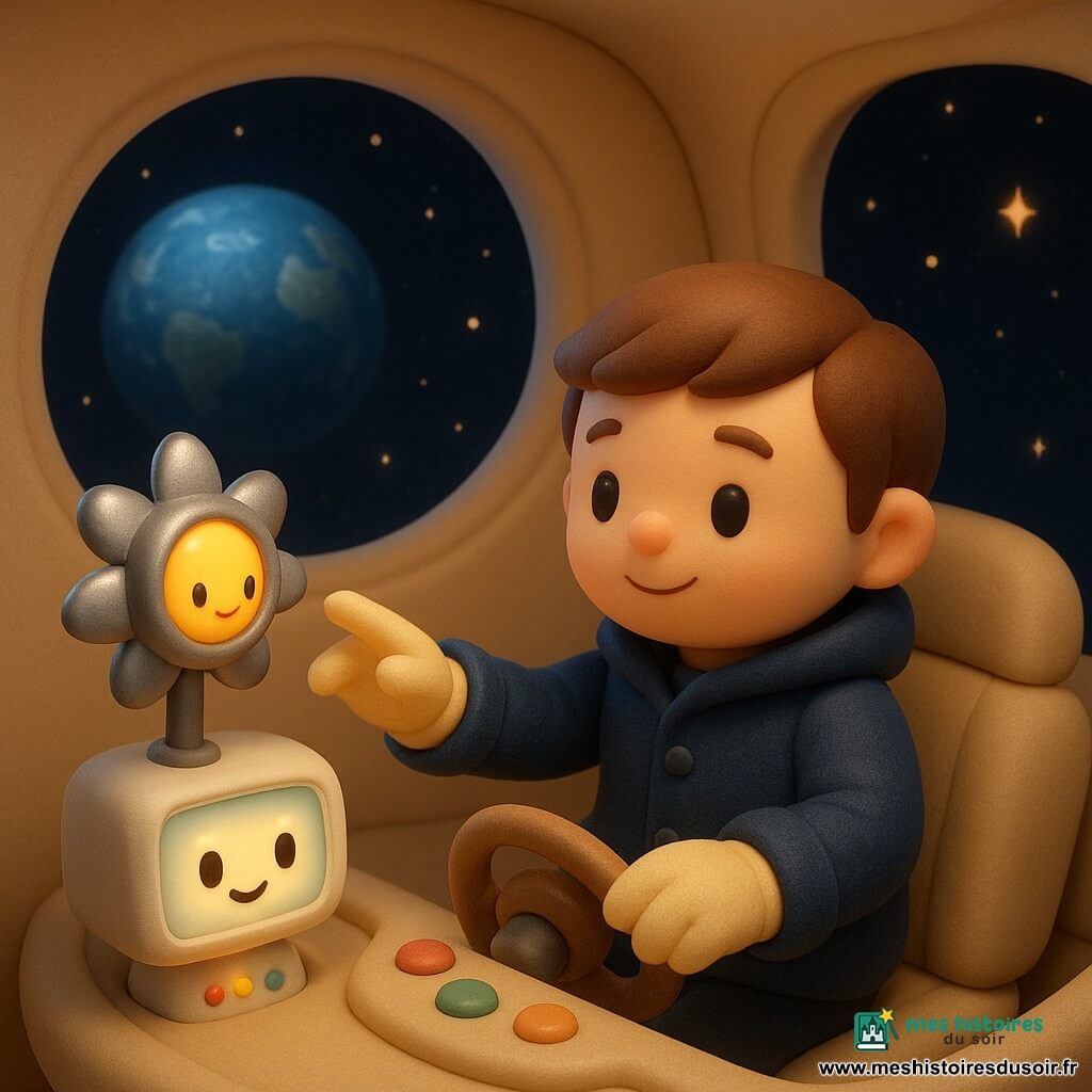 Paul, sourire doux et yeux émerveillés, porte un manteau bleu marine et des gants crème, cheveux courts châtains ; assis au petit volant rond de son vaisseau, il tend la main pour effleurer une petite station flottante. Un ordinateur de bord anthropomorphe, boîtier blanc étroit à écran affichant des yeux souriants et des lumières colorées, clignote à ses côtés comme pour l'encourager. La station, semblable à une fleur métallique ronde aux pétales argentés et hublot jaune, flotte devant la proue ; l'intérieur cosy et arrondi du vaisseau, parois crème et instruments aux boutons colorés, s'ouvre sur une grande fenêtre circulaire montrant la Terre bleue. La scène spatiale, étoilée et sombre, illustre un contact délicat—la pointe du vaisseau effleure la station comme un baiser léger—avec une ambiance calme, tendre et rassurante en couleurs pastel, textures douces et éclairage chaleureux évoquant un rendu 3D jouet.