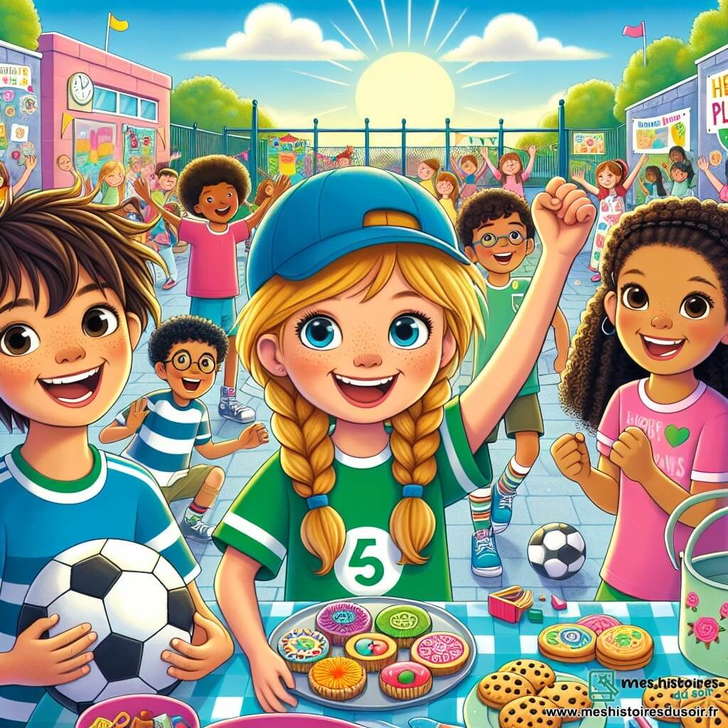 Dans une cour d'école ensoleillée, quatre enfants sont au centre de l'image. Léo, un garçon de 10 ans avec des cheveux bruns en bataille et une casquette bleue, sourit en tenant un ballon de foot. À côté de lui, Emma, 9 ans, avec de longs cheveux blonds tressés et un maillot de foot rose, lève les bras en signe de victoire. Au fond, Maxime, 10 ans, aux cheveux châtains et lunettes rondes, prépare des cookies sur une table décorée de gâteaux. Clara, 9 ans, avec des cheveux frisés et un t-shirt vert, montre une affiche colorée disant : « Ici, tout le monde peut jouer ! » La cour est entourée de fresques joyeuses et de fleurs, avec des enfants jouant en arrière-plan. Léo et Emma jouent au foot tandis que Maxime et Clara encouragent leurs amis, illustrant l'esprit d'égalité et de camaraderie de l'école.