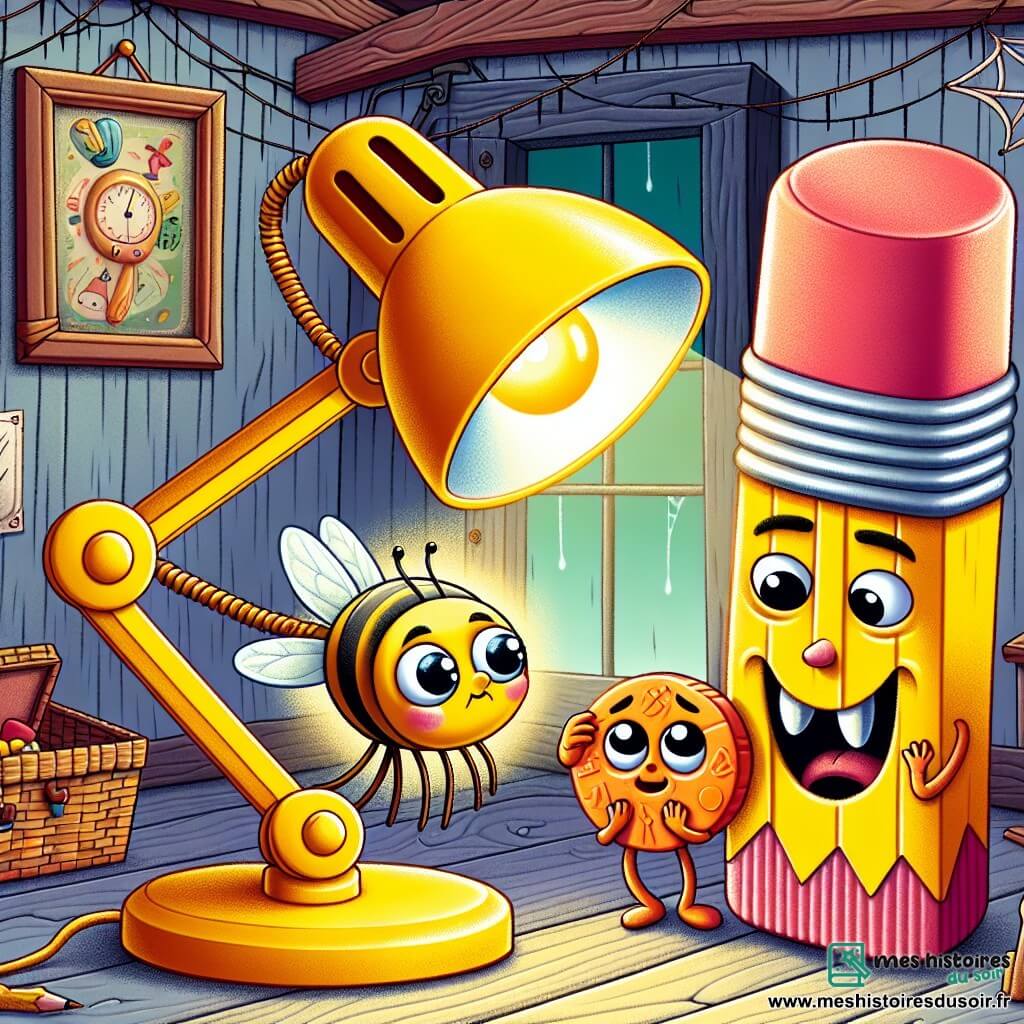 Au centre de l'image, Luciole, une petite lampe de bureau avec un abat-jour jaune, brille d'excitation. À sa droite, Biscotte, une gomme orange en forme de bonbon, est un peu nerveuse mais admirative. À sa gauche, Zigzag, un crayon souriant avec des dents de vampire, est prêt à relever le défi. Le décor se situe dans une vieille maison hantée avec des murs en bois, des toiles d'araignée et des tableaux poussiéreux. Une porte entrouverte mène à un grenier mystérieux. Les personnages explorent la maison, leurs visages éclairés par Luciole, découvrant un coffre magique dans une atmosphère mystérieuse et joyeuse.