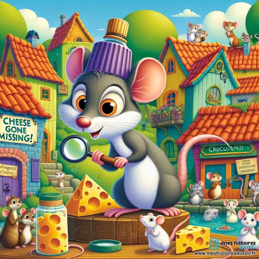 Gaspard le Rat, un petit rat au pelage gris et aux grandes oreilles, se tient sur une table en bois, les yeux pétillants et un sourire malicieux. Il porte une casquette en bouchon de bouteille et tient une loupe, prêt à résoudre le mystère du fromage disparu. À côté de lui, Rosalie la Souris, une petite souris blanche, regarde avec inquiétude, les pattes croisées. En arrière-plan, le village de Croque-Nid est animé, avec des maisons colorées et des animaux curieux rassemblés autour de la fromagerie fermée, où une pancarte « Fromage disparu ! » est accrochée. La scène évoque un mélange de mystère et d'amusement, avec des écureuils et des grenouilles autour de la fontaine.