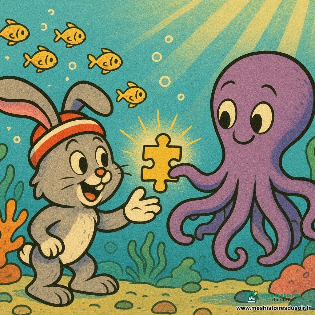 Un petit lapin gris anthropomorphe, oreilles tombantes et bonnet rayé rouge et blanc, pelage légèrement mouillé, tend une patte vers un morceau de carte brillant que lui tend une grande pieuvre violette aux tentacules souples, souriante, tenant le dernier fragment entre deux ventouses, tandis qu'un banc de petits poissons dorés circule en arrière-plan ; décor marin lumineux de coraux colorés, algues vertes ondulantes, rayons de soleil filtrant en faisceaux et bulles, scène centrée d'échange bienveillant, découverte et entraide, couleurs vives, contours souples et formes arrondies.