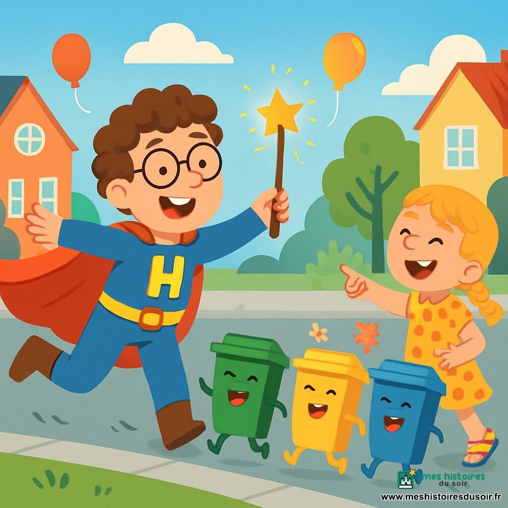 Un super-héros comique, Hugo, porte une cape rouge et sourit joyeusement. Il court avec une baguette magique scintillante. À ses côtés, une petite fille de 6 ans, avec des cheveux blonds tressés et une robe à pois, rit en pointant des poubelles dansantes. Le décor est une rue animée d'une ville joyeuse, avec des maisons colorées, des arbres verts et des ballons dans le ciel bleu. Les poubelles sautent sur le trottoir, créant une ambiance festive. Hugo tente d'arrêter les poubelles dansantes avec sa baguette, tandis que la petite fille s'amuse, entourée de rires d'enfants et de fleurs flottantes.