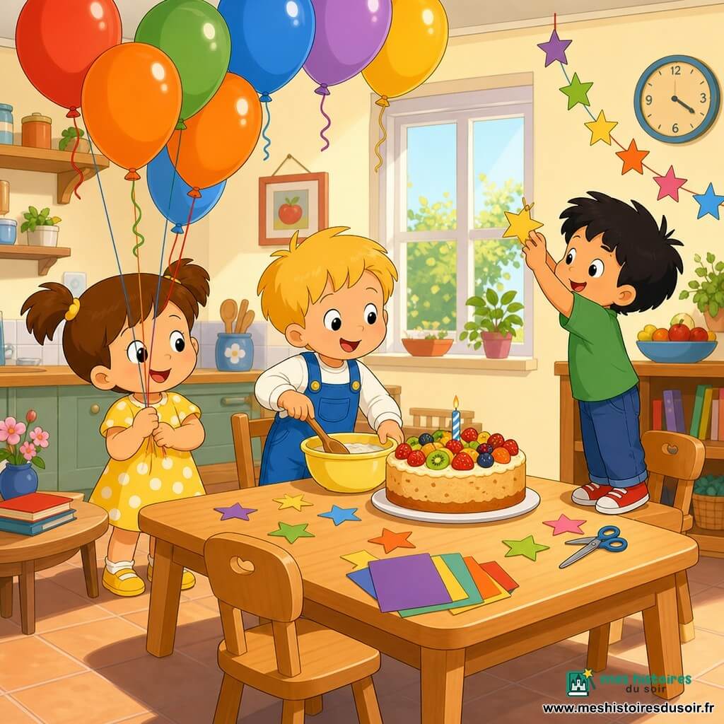 Trois enfants de 2 ans décorent un anniversaire dans une cuisine-salle à manger lumineuse : Lila, fille aux cheveux bruns en couettes, robe jaune à pois, tient un bouquet de ballons à gauche près d’une table basse ; Tom, garçon blond en salopette bleue, remue une grande cuillère dans un bol au centre près d’un gâteau rond décoré de fruits avec une petite bougie ; Manu, garçon aux cheveux noirs ébouriffés en t‑shirt vert, est debout sur une petite chaise à droite pour fixer une étoile en papier sur une guirlande ; l’ambiance est chaleureuse, gaie et calme, murs crème, guirlandes multicolores, grande fenêtre, ballons au plafond et étoiles en papier sur la table.