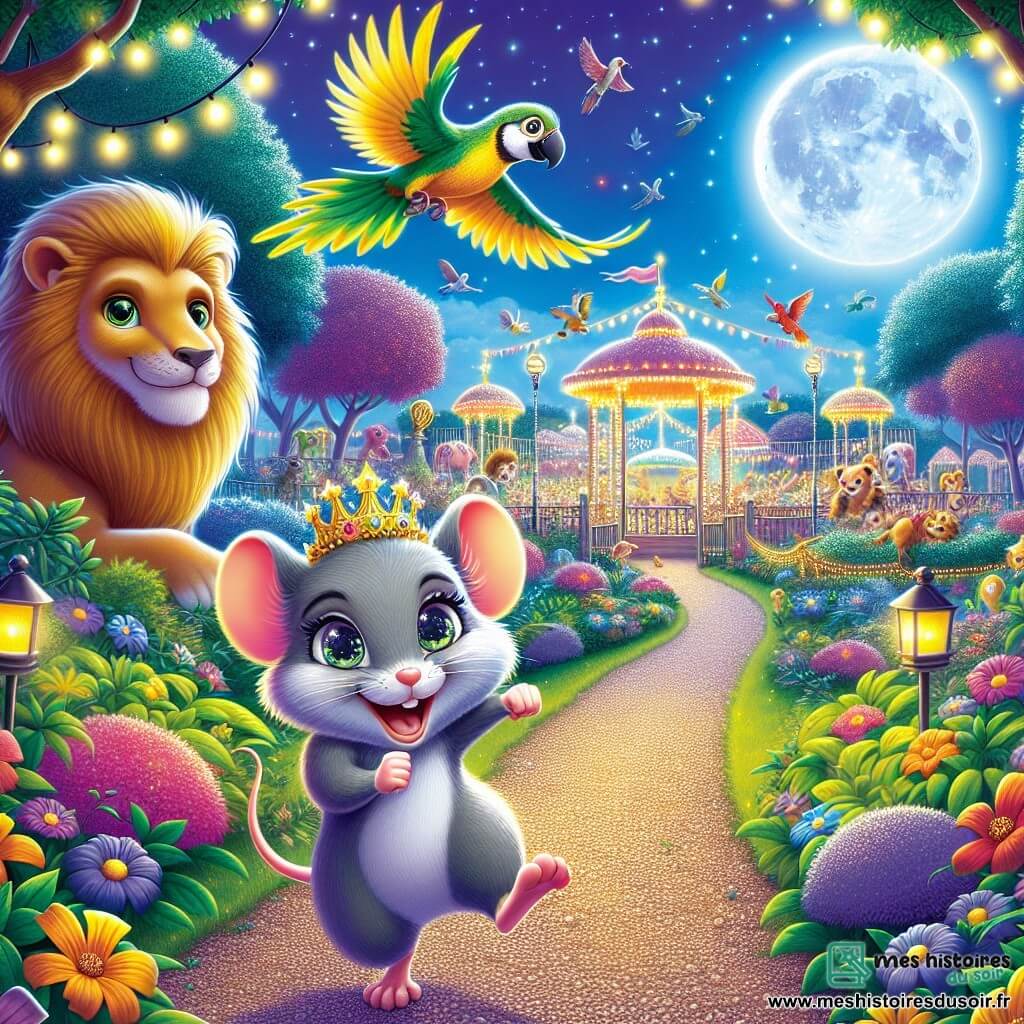 Une petite souris nommée Mimi, avec un pelage gris et des yeux déterminés, court avec enthousiasme sur un chemin de gravier. À côté, un perroquet coloré nommé Pablo vole joyeusement en l'encourageant. En arrière-plan, un lion majestueux, Léon, observe la scène, prêt à donner le signal de départ. La scène se déroule dans le zoo de Zootopia, où des enclos colorés entourent un chemin bordé de fleurs et d’arbres. La lune brille haut dans le ciel, illuminant le zoo. Mimi participe à la Grande Course Nocturne, courant avec énergie, tandis que les autres animaux s’élancent derrière elle dans une ambiance festive.