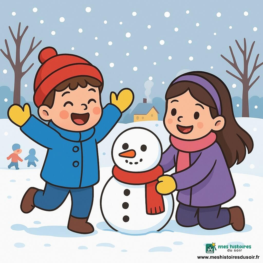 Un garçon de 4 ans, Paul, rit en sautant dans la neige, vêtu d'un manteau bleu, d'un bonnet rouge et de gants jaunes, avec des flocons tombant autour de lui. À ses côtés, Lila, une fille de 4 ans aux longs cheveux bruns, construit un bonhomme de neige en portant une écharpe rose et un manteau violet. Le parc d'hiver est décoré d'arbres dénudés, de flocons dansants et d'un ciel gris clair, avec un sol recouvert de neige scintillante. Paul et Lila roulent des boules de neige pour leur bonhomme, entourés de rires et de magie hivernale.