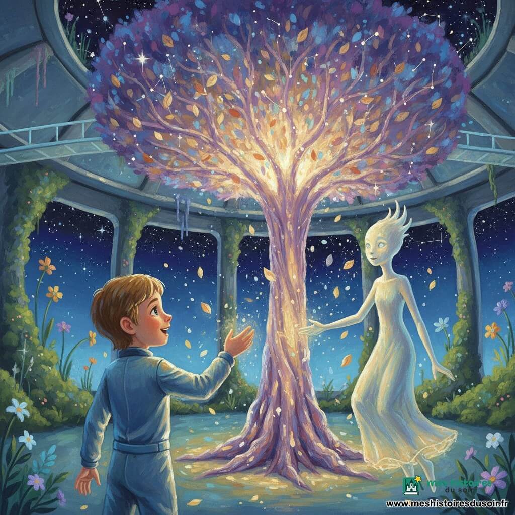 Lucien, émerveillé et souriant, yeux brillants et cheveux châtain clair courts, en combinaison spatiale bleu et argent, chante en tendant la main vers l'Arbre des Étoiles pendant que l'Esprit des Étoiles, créature flottante en robe de lumière pâle aux yeux étincelants, guide sa main dans une lueur dorée ; l'immense tronc translucide de l'Arbre, aux reflets violets et dorés et branches constellées, libère des feuilles-lucioles qui tourbillonnent dans une grande salle spatiale transformée en jardin flottant — murs métalliques couverts de mousse luminescente, passerelles en verre, fleurs fluorescentes suspendues et fenêtres sur un ciel étoilé — tandis qu'une douce explosion de lumière et de particules étincelantes crée une atmosphère calme et joyeuse aux tons bleu nuit, or et violet, avec une texture de peinture acrylique chaleureuse et enfantine.