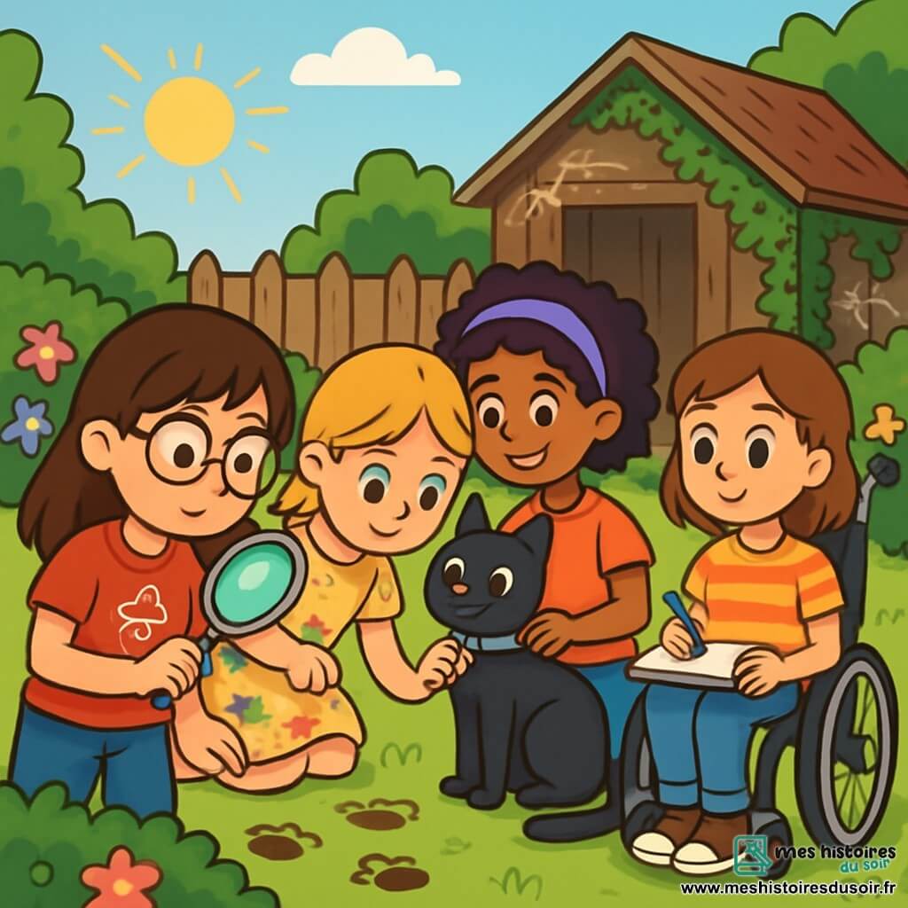 Quatre enfants mènent une enquête dans un jardin verdoyant. Zoé, 10 ans, porte un t-shirt rouge et tient une loupe. Léa, 9 ans, observe une empreinte de patte. Sofia, 10 ans, sourit en tenant le collier de Minuit, le chat. Camille, 11 ans, en fauteuil roulant, prend des notes. Elles examinent le collier et les empreintes boueuses qui mènent à une ruelle, prêtes à résoudre le mystère de la disparition du chat, dans une ambiance excitante.