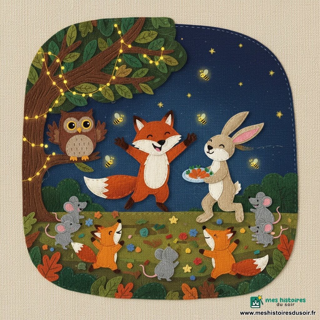 Félix, renard roux vif au ventre crème, Lila, lièvre beige aux longues oreilles roses, et Gaston, hibou brun sage, dansent en rond avec d'autres petits animaux (souris, renardeaux) dans une clairière nocturne sous un grand chêne décoré de guirlandes lumineuses; lucioles, confettis et friandises parsèment l'herbe tandis que tous célèbrent joyeusement le Nouvel An.