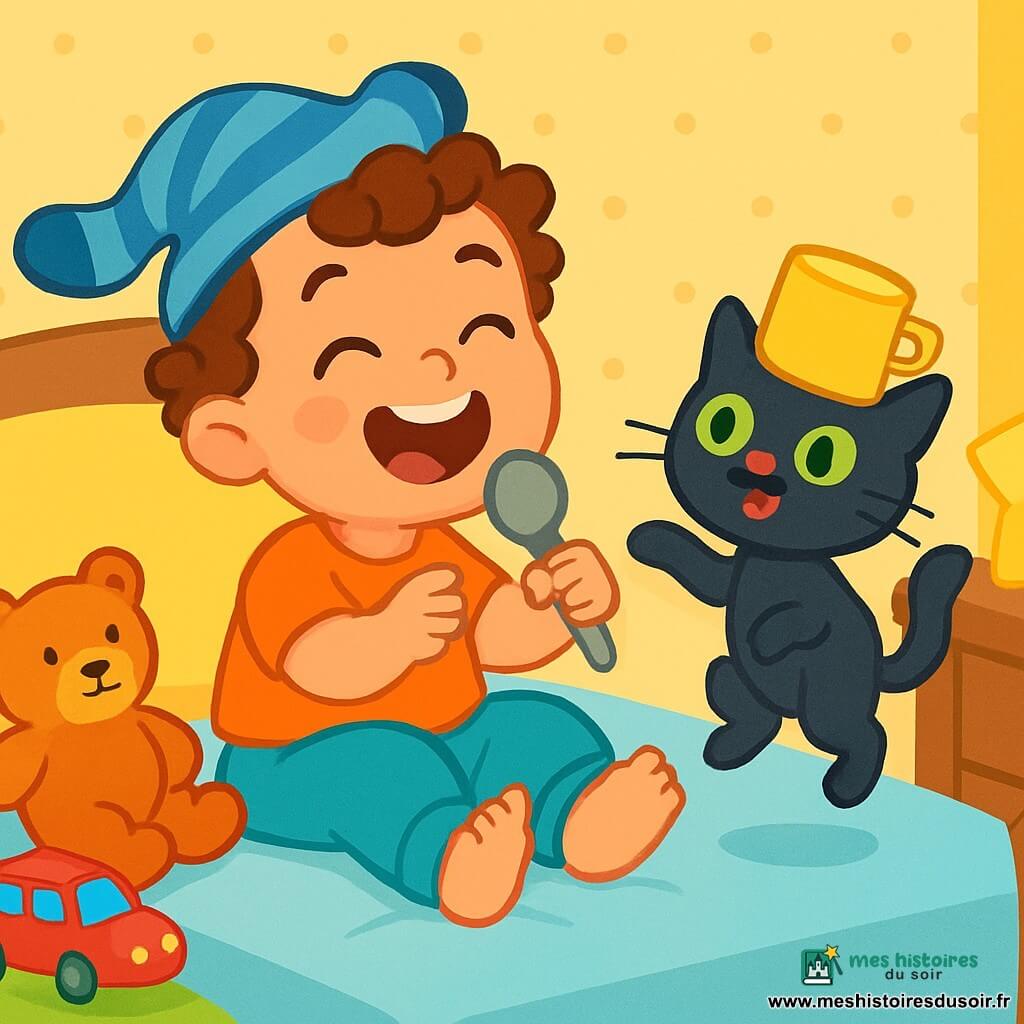 Léo, un petit garçon de 2 ans aux cheveux bouclés et aux yeux malicieux, rit aux éclats sur son lit moelleux avec une chaussette sur la tête. À côté de lui, un chat noir aux yeux verts, portant une tasse comme un chapeau, saute en l'air. La chambre est remplie de jouets colorés : une voiture rouge, un doudou en peluche et une lampe en forme d'étoile. Léo chante avec une cuillère comme micro, tandis que le chat l'observe. Ils s'amusent ensemble dans une ambiance chaleureuse et ludique, entourés de peluches et de couleurs vives.