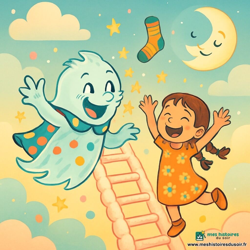 Un fantôme nommé Polichon, avec un corps translucide et ébouriffé, porte une cape à pois colorés et sourit maladroitement. Il danse joyeusement, entouré de petites étoiles. À côté, Lina, une fille de 8 ans avec des tresses et une robe à fleurs, rit aux éclats, prête à danser avec lui sur une échelle de sucre filé montant vers les nuages. Le décor est une Échelle des Nuages en sucre filé dans un ciel pastel, avec des nuages moelleux et des bulles colorées. Polichon et Lina dansent ensemble, entourés de confettis et de rires, tandis qu'une chaussette rayée flotte au-dessus d'eux, ajoutant une touche de magie à cette scène festive.