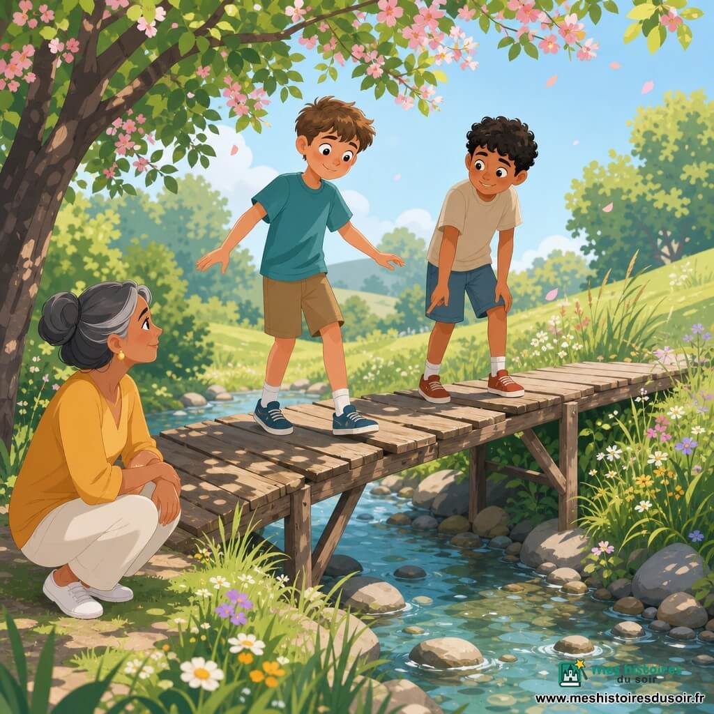 Léo, 12 ans, visage rond, cheveux châtain clair coupés courts, expression nerveuse mais fière, marche lentement sur un pont de bois en gardant l'équilibre ; Samir, aussi 12 ans, peau mate et cheveux bouclés noirs, se tient un peu devant lui en souriant timidement comme pour le guider ; tante Nadia, environ 50 ans, cheveux grisonnants en chignon et regard doux, est accroupie à l'entrée du pont, les mains sur les genoux, observant bienveillante. Le pont traverse un petit ruisseau clair aux berges herbeuses et fleuries, sous un feuillage de cerisier qui projette des ombres, par une brise légère ; scène estivale calme et chaleureuse, couleurs pastel, atmosphère de petite victoire.