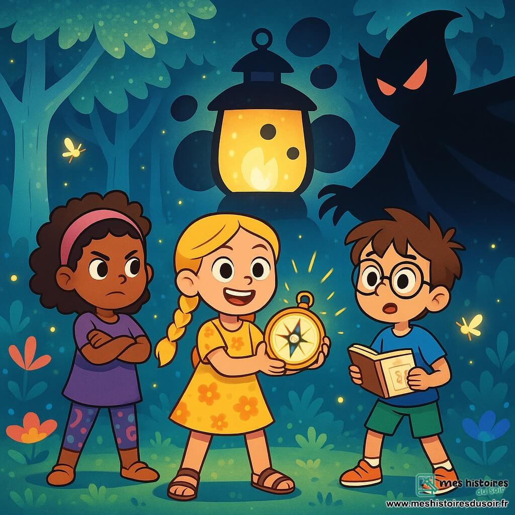 Il y a trois personnages : Lila, une fille de 10 ans avec de longues tresses dorées, portant une robe jaune à fleurs et des sandales, se tient au centre avec un sourire éclatant et une boussole scintillante. Timéo, un garçon de 9 ans avec des lunettes rondes et des cheveux bruns en bataille, est légèrement en arrière, curieux avec un carnet de croquis. Jade, une fille de 10 ans avec des cheveux bouclés et un bandeau rose, est à gauche de Lila, les bras croisés et un regard déterminé. Ils se trouvent dans une clairière enchantée au cœur d'une forêt lumineuse, entourée d'arbres géants aux troncs argentés et aux feuilles scintillantes, avec des fleurs multicolores et des lucioles créant une ambiance magique. Les enfants se tiennent prêts à affronter le Seigneur des Ombres, une silhouette massive et ténébreuse, unis et courageux, préparés à libérer la lumière.