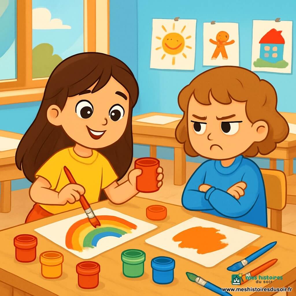 Il y a deux personnages principaux : Lila, une fille de 7 ans avec de longs cheveux bruns et des yeux pétillants, portant un t-shirt jaune vif et une jupe à pois, est concentrée sur son tableau. Zoé, également âgée de 7 ans, a des cheveux courts et bouclés châtain clair, vêtue d'une blouse de peinture bleue et d'un pantalon rose, est assise à côté de Lila avec une expression contrariée. L'action se déroule dans une salle de classe lumineuse aux murs bleu clair, ornée d'affiches de dessins d'enfants et de tables en bois en cercle, recouvertes de feuilles blanches et de pots de peinture. Lila peint un arc-en-ciel coloré tandis que Zoé, frustrée, ressent une tension car Lila utilise la couleur qu'elle souhaitait. Les pinceaux sont éparpillés autour d'elles, créant une atmosphère chargée d'émotions contrastées.