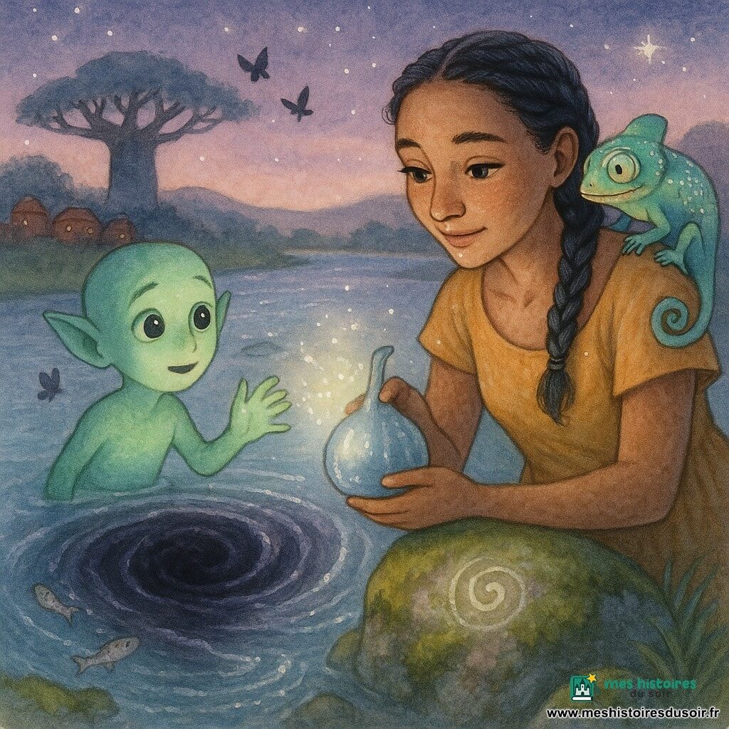 Ayo, femme au visage doux et concentré, yeux emplis d'empathie, cheveux tressés noirs et robe ocre légère, pose une main sur un rocher moussu et presse contre son corps une calebasse bleu-argent d'où émane une petite lumière pâle; Kùn, garçon-esprit d'environ huit ans à la peau vaguement verte et translucide, aux oreilles longues et aux yeux ronds, se tient près d'Ayo, main tendue vers la lumière, soulagé et timide; Títi, petit caméléon irisé sur l'épaule droite d'Ayo, changeant du vert au bleu lunaire, observe la brèche; au centre coule une large rivière claire formant un vortex sombre aux reflets violets et argentés, poissons sautant et papillons noirs volant à l'envers au-dessus du tourbillon; un rocher au premier plan porte une spirale gravée qui se met à luire et envoie de petites ondulations lumineuses dans l'eau; le ciel crépusculaire violet, quelques étoiles naissantes, un baobab silhouetté et un village en terre rouge en arrière-plan créent une atmosphère mystérieuse et apaisée — Ayo et ses amis scellent calmement la brèche au milieu de la rivière, la douce lumière de la calebasse refermant le vortex dans une scène de magie tendre et de compassion.